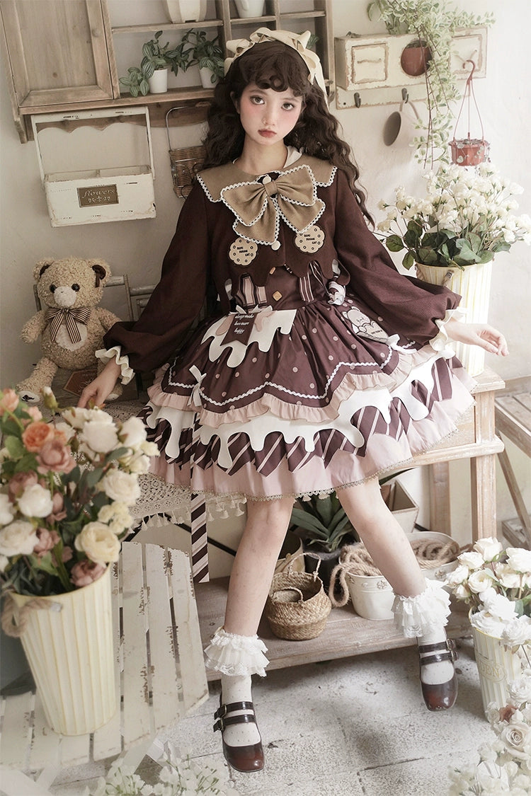 Half Sweet Lolita - Chocolate Milk Pie - Sweet Lolita Jumper Dress Summer Salopette S Salopette full set (dress+blouse+detachable sleeves+coat)