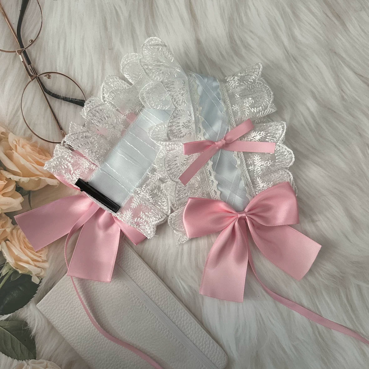 Sweet Lolita Lace Headbands, Ribbon & Bow White lace with pink bow headband