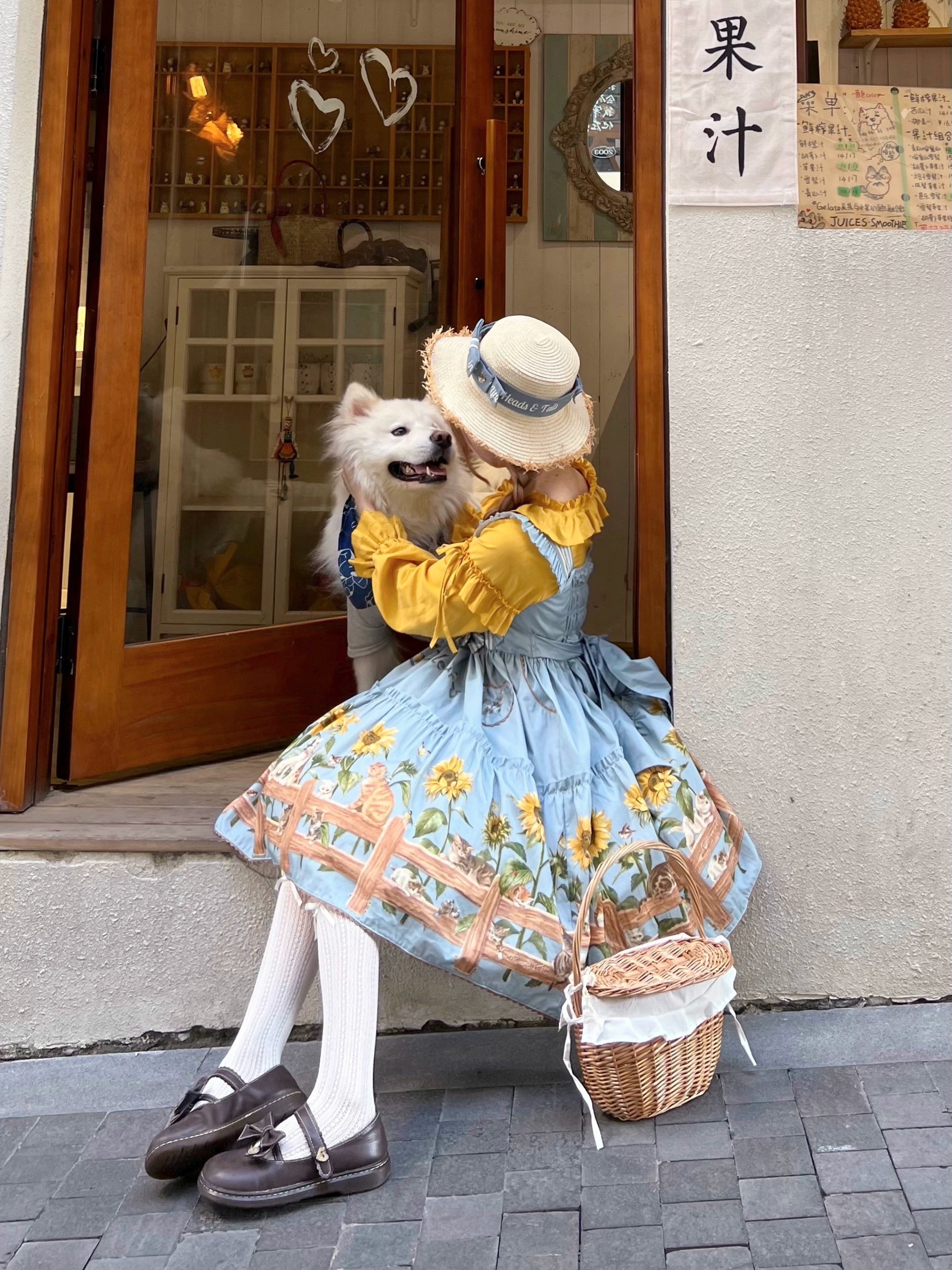 Polaris Lolita - Cat and Sunflower - Sweet Lolita JSK Cat and Sunflower Print Dress and Headdress Set