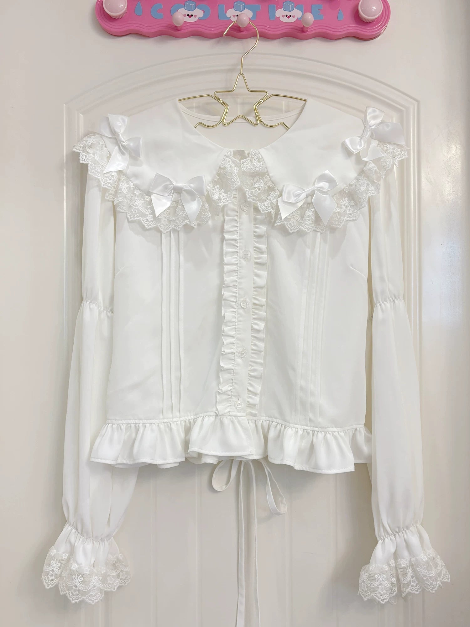 Creamy Candy - Ruffled Hem Sweet Lolita Blouse, Peter Pan Collar Milky White Shirt S