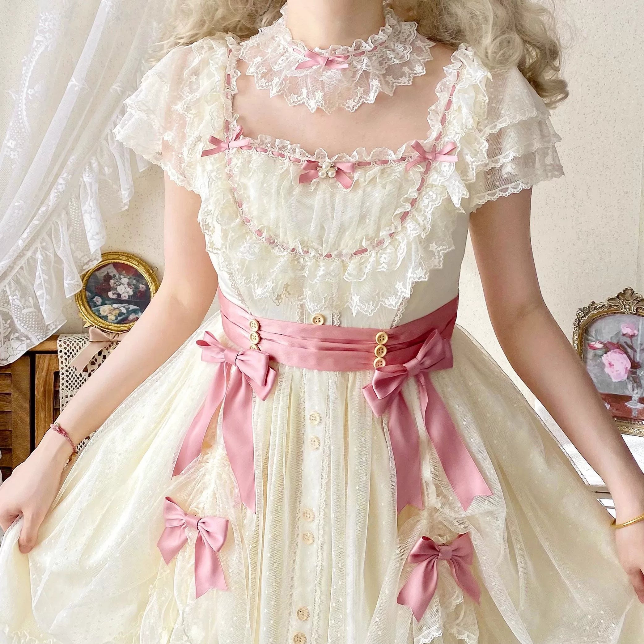 Uncle's Workshop - Fluttering Cherry Spring Strings - Cotton Sweet Lolita JSK Dress 42196:776734
