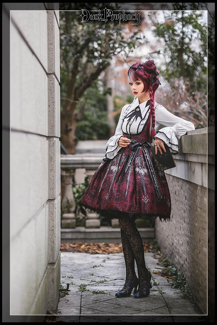 DuskProphecy - Coccyx - Elegant Lolita Dress High Waist Fishbone Print JSK Set 34722:466626