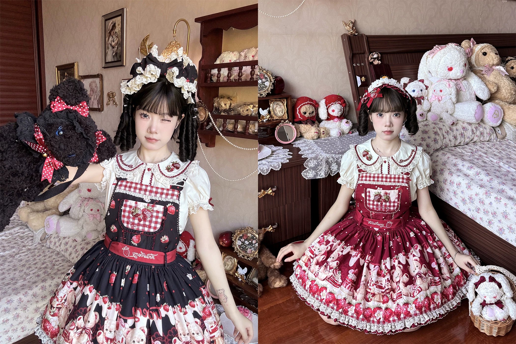 Velvet Strawberry - Sweet Lolita Salopette Dress, Bear & Strawberry Print