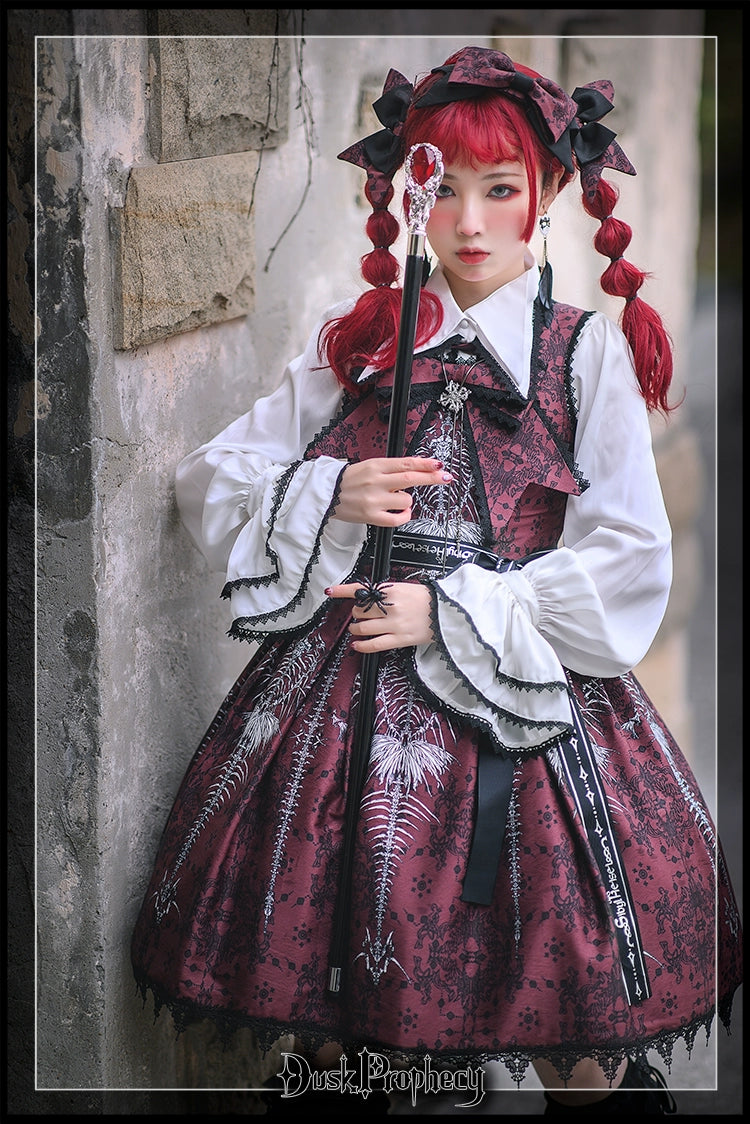 DuskProphecy - Coccyx - Elegant Lolita Dress High Waist Fishbone Print JSK Set 34722:466432