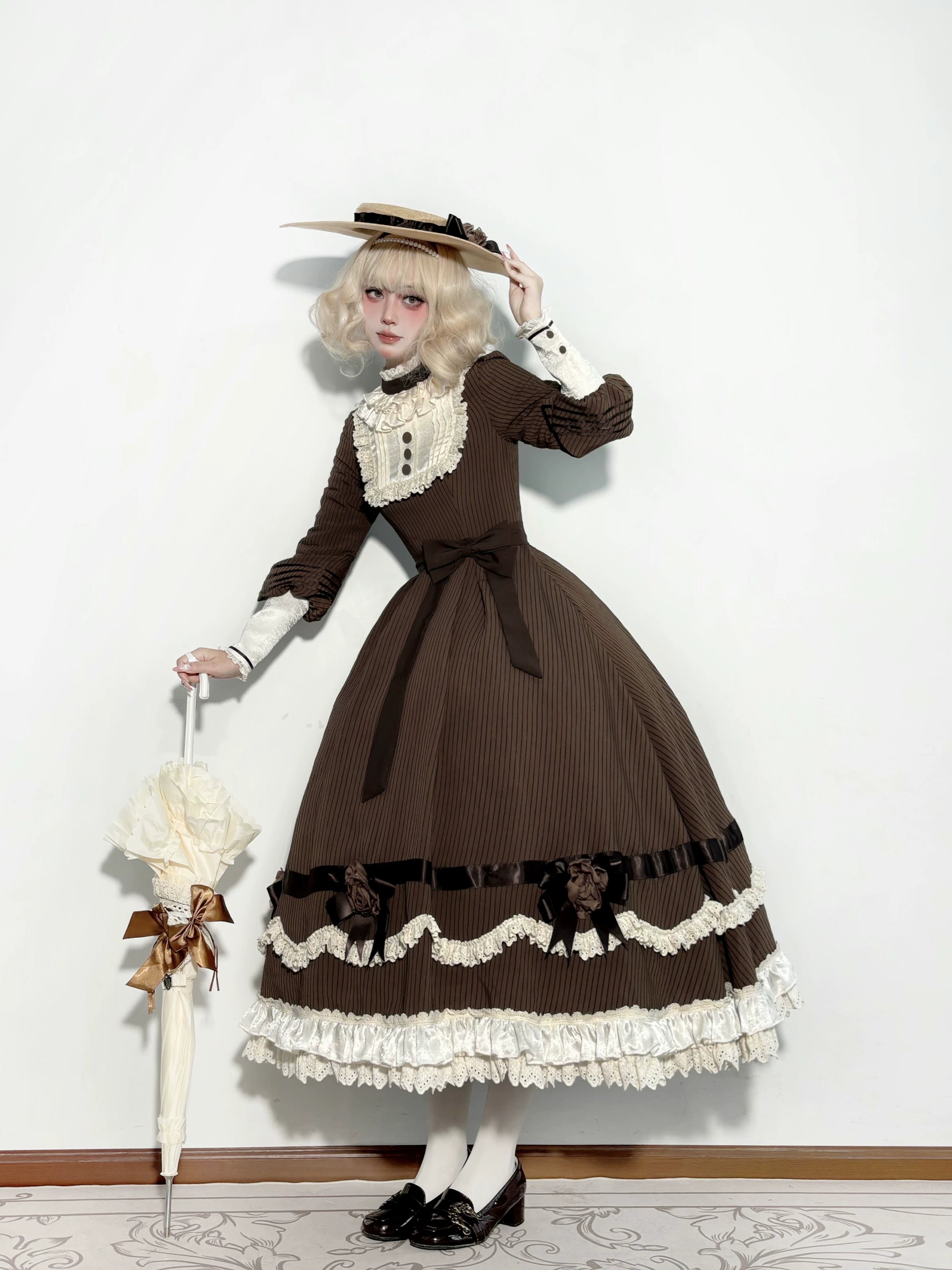 Muyu Handmade Studio - Evening Whispers of London - Brown Classic Lolita OP Dress, Mermaid Skirt Outfit 43993:791958