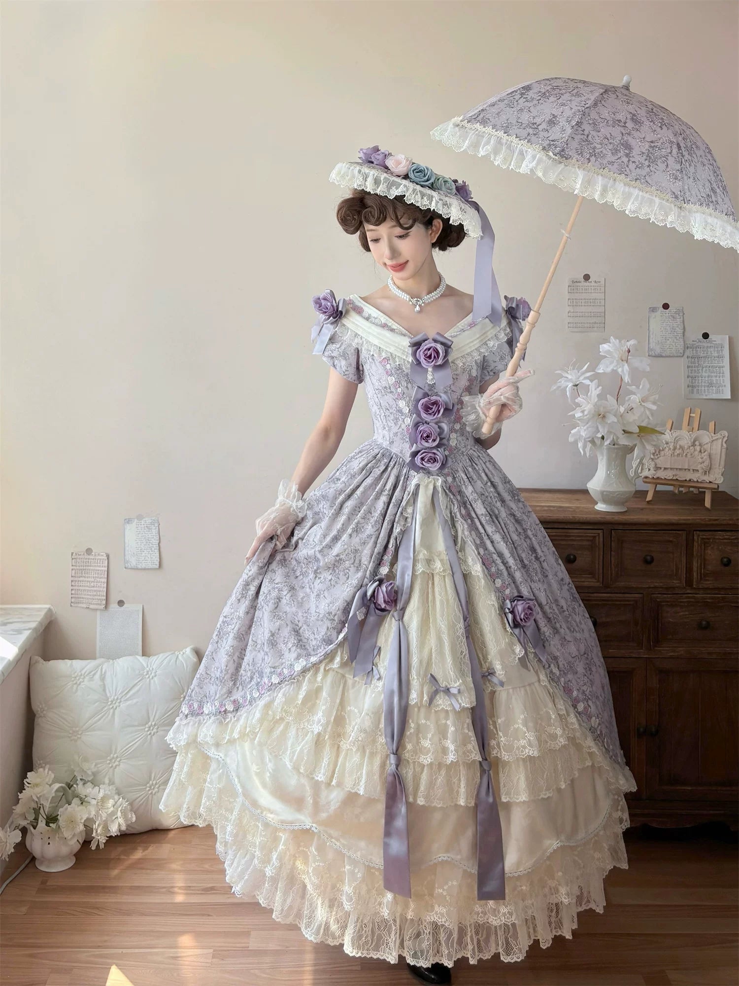 Dolota Flower Wall - Classic Lolita Floral OP Dress, Open Shoulder (L M S XL) 44485:811205