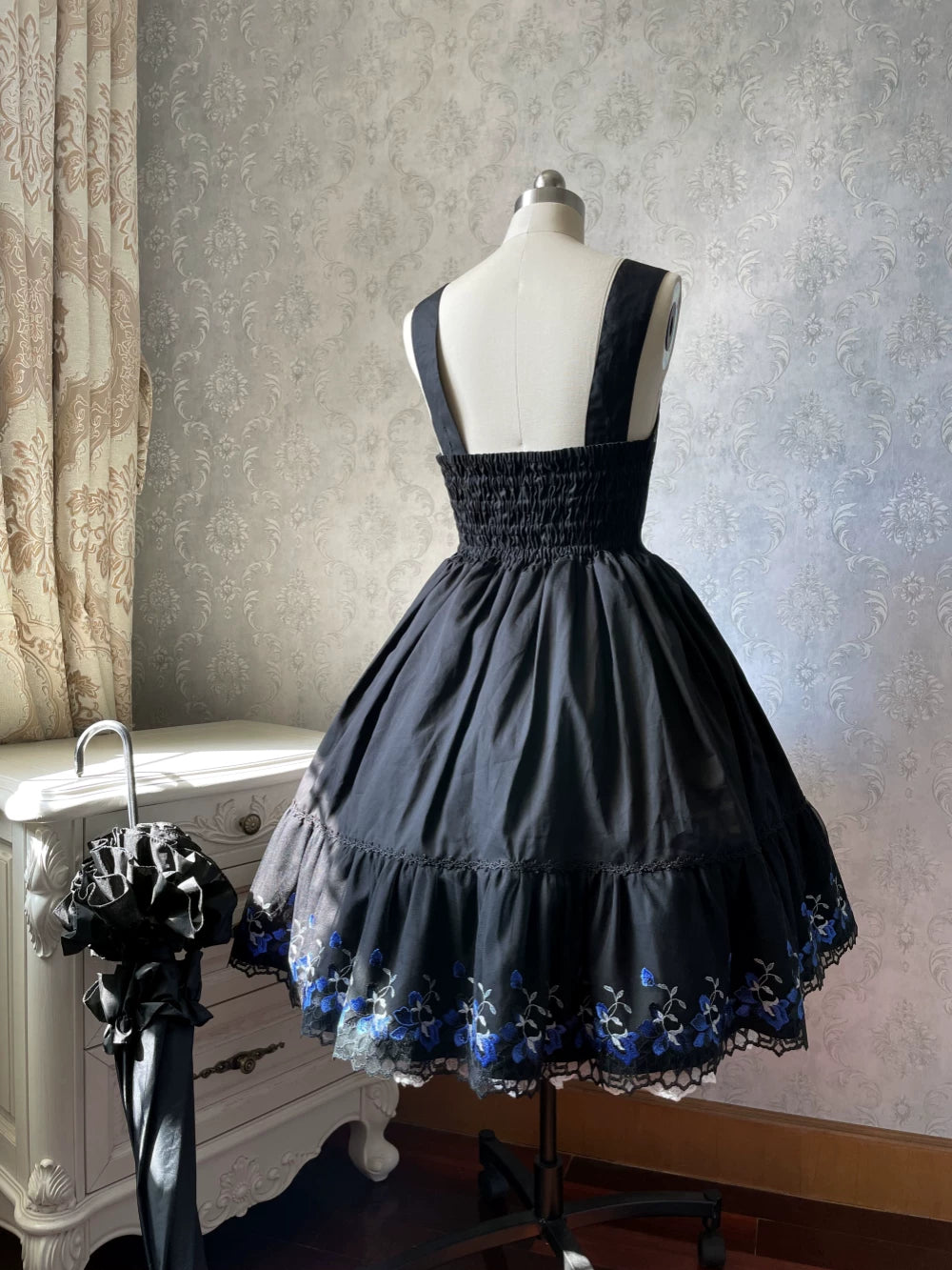 Alice of the Night - Gothic Lolita JSK Cotton Dress, Embroidery & Blue Florals