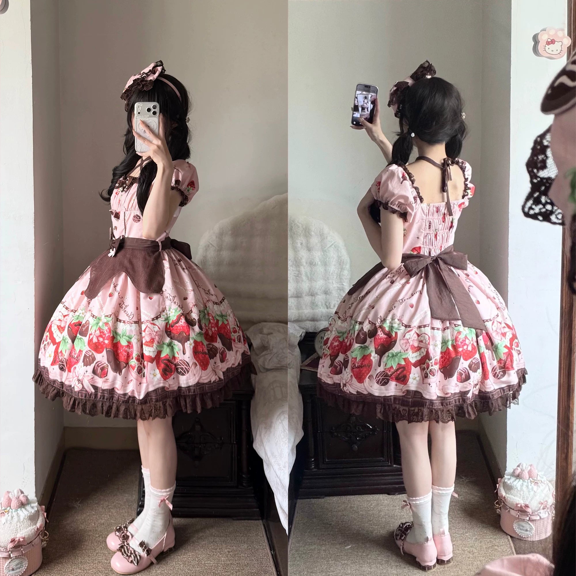 Strawberry Chocolate Lovers - Kawaii Lolita Embroidered Printed Dress 44882:840986