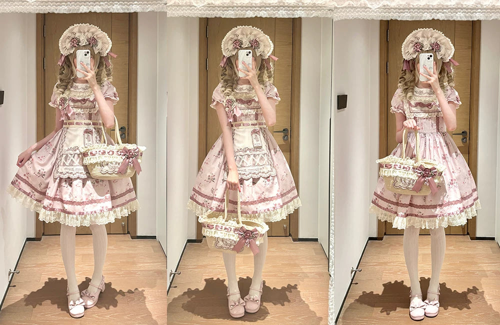 Rose Catalogue - Printed Sweet Lolita OP Dress, Embroidered Apron