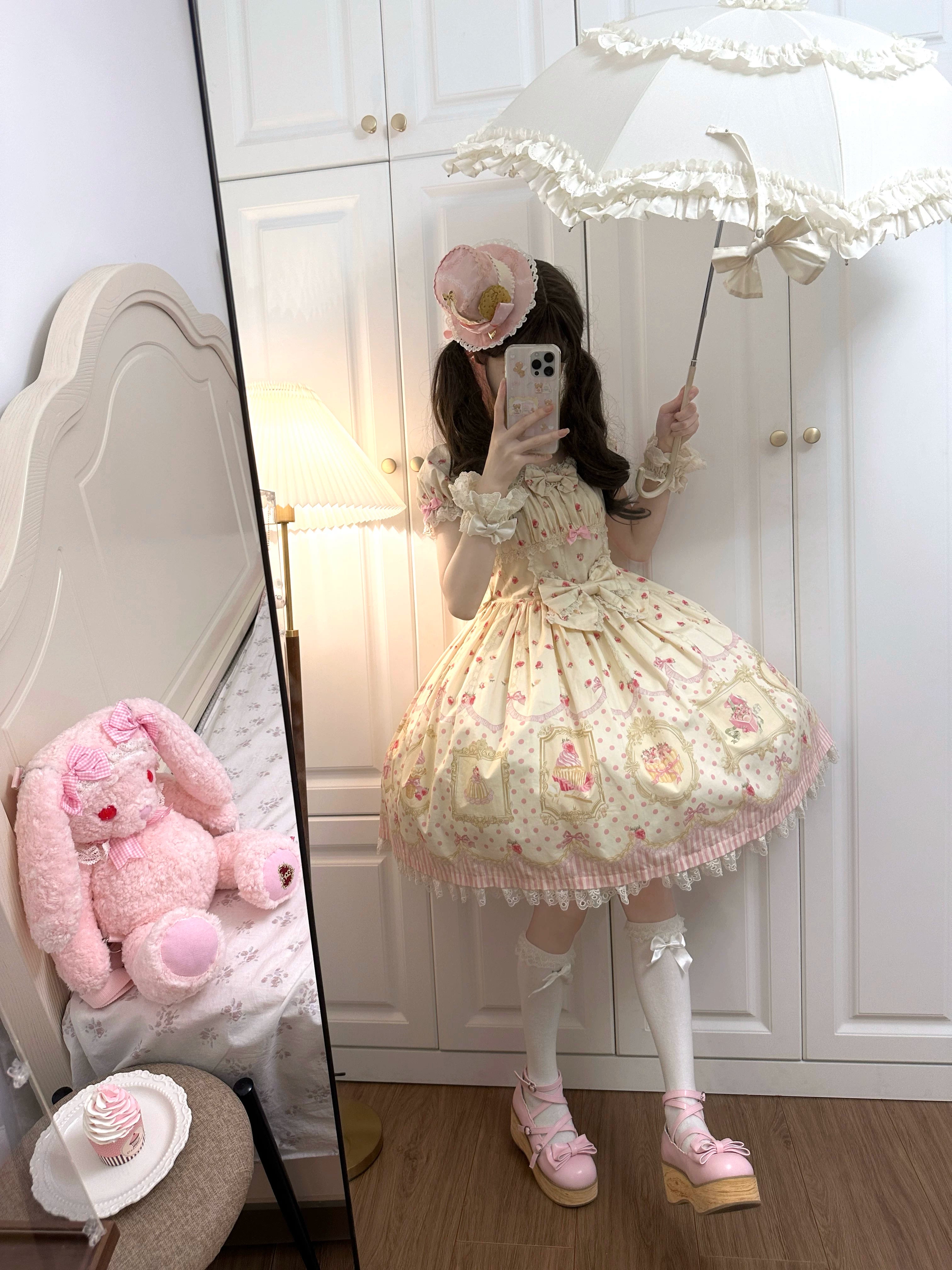 Pink Jade Strawberry - Sweet Lolita Strawberry Print JSK & OP Dress with Lace 45278:845318