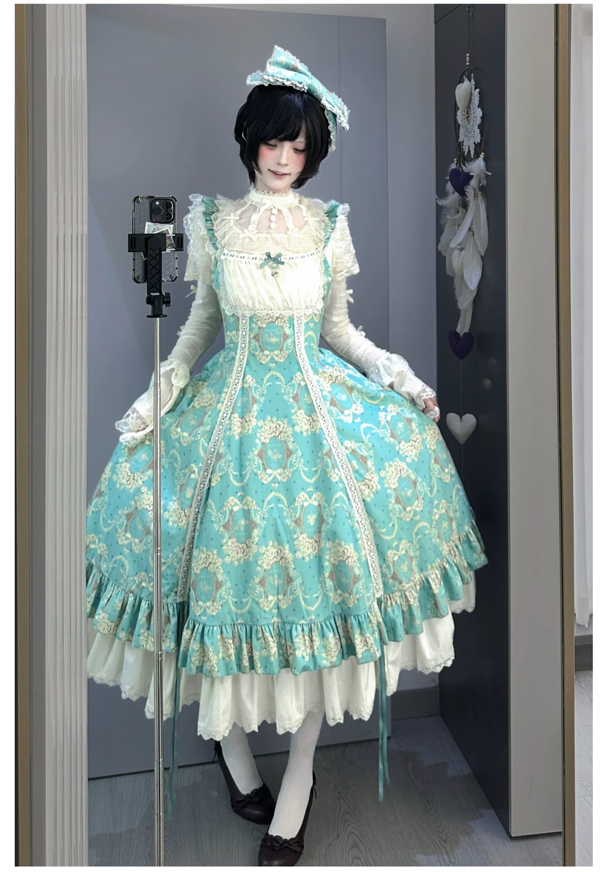 Old Courtyard Floral Letter - Classic Lolita Printed JSK Dress Set, Drawstring Lift-up Hem 46102:875309