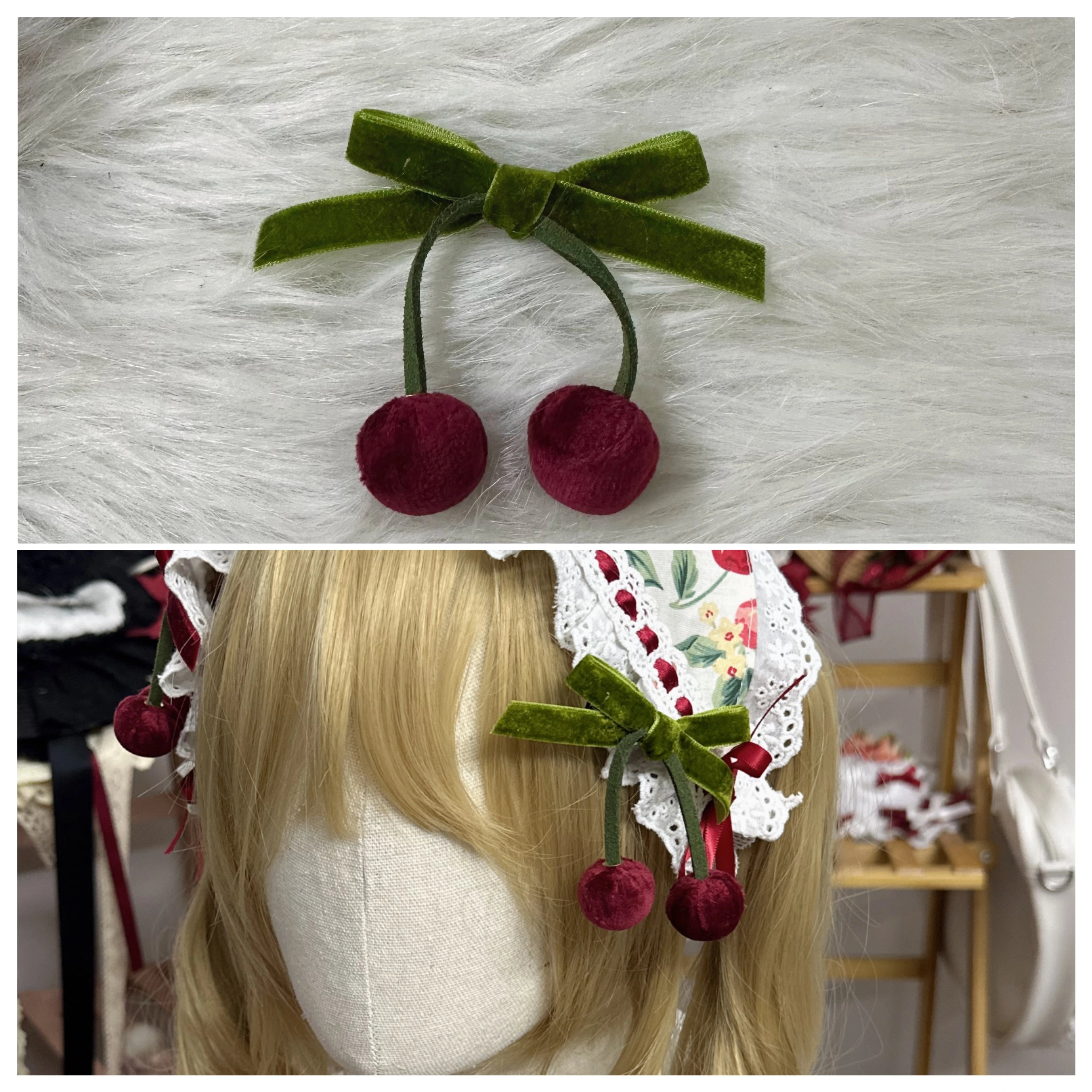 Chestnut Lolita - Sweet Lolita Headdress Cherry Hair Clip Straw Hat Necklace Handmade Set a green cherry bow clip