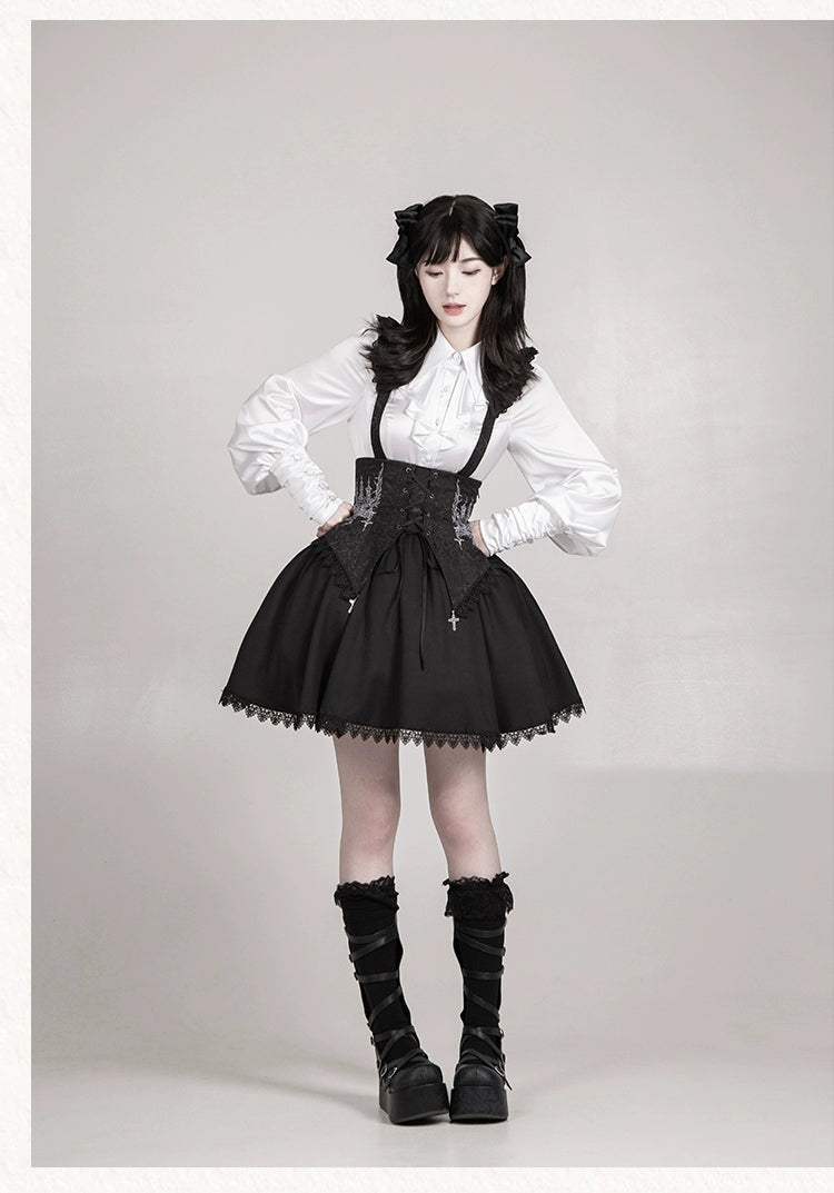 With PUJI - Thorn Night - Gothic Lolita Satin Shirt Solid Color Fake Two-Piece Blouse