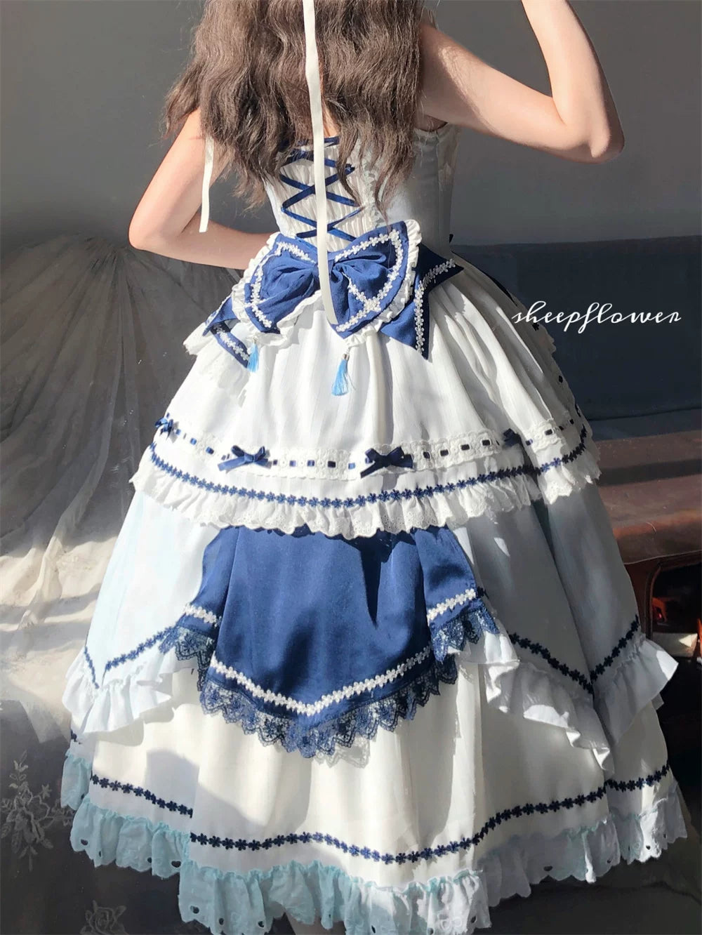 Blue and White Dream - Classic Lolita JSK Dress, Irregular Layered Hem