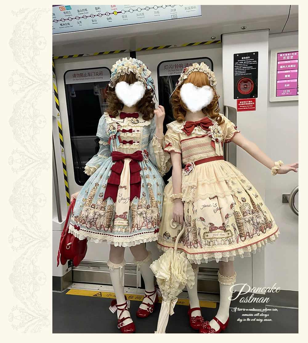 Pancake Postman - Kawaii Lolita Printed OP & Salopette Dress, Lace & Bows 45174:838662