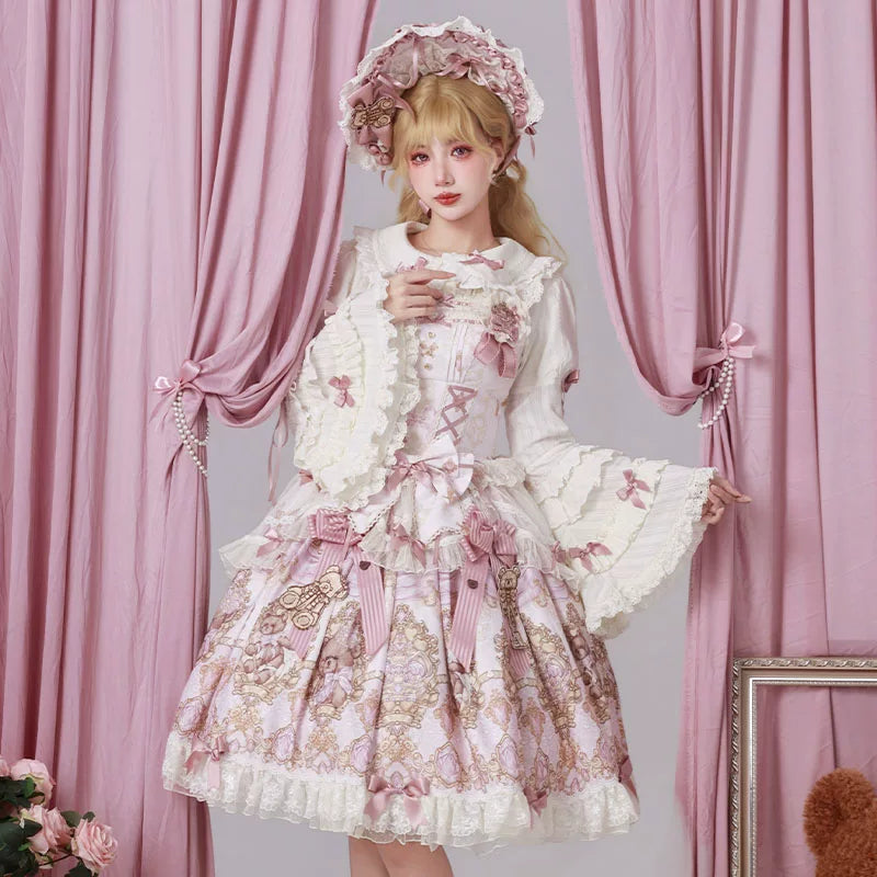 Antique Teddy Bear - Classic Lolita Printed JSK Dress with Ribbon Bows 45538:853256