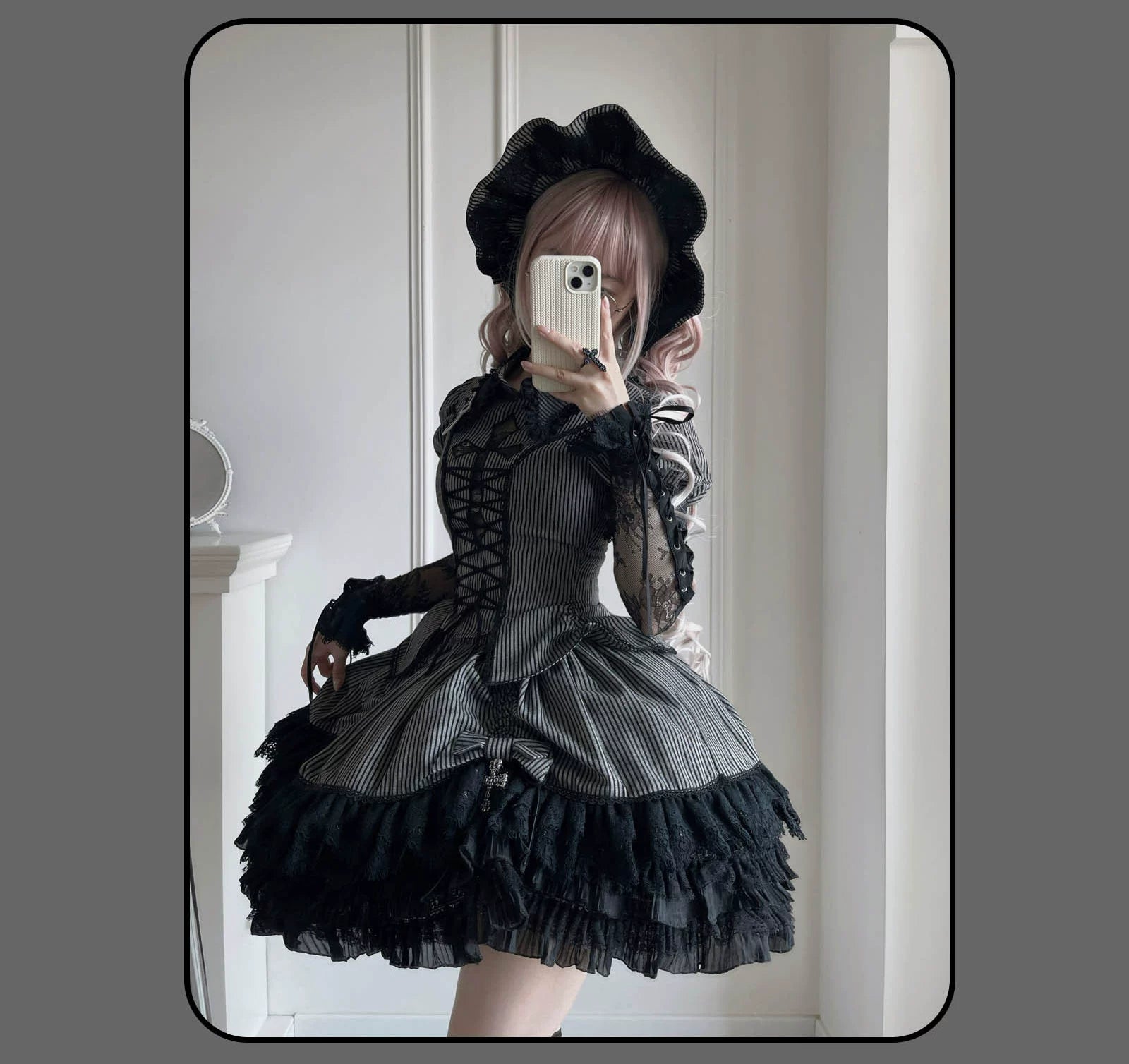 Susin Lolita - Striped Cross - Gothic Coordinated Lolita Set, Adjustable Blouse & Skirt 43331:773939