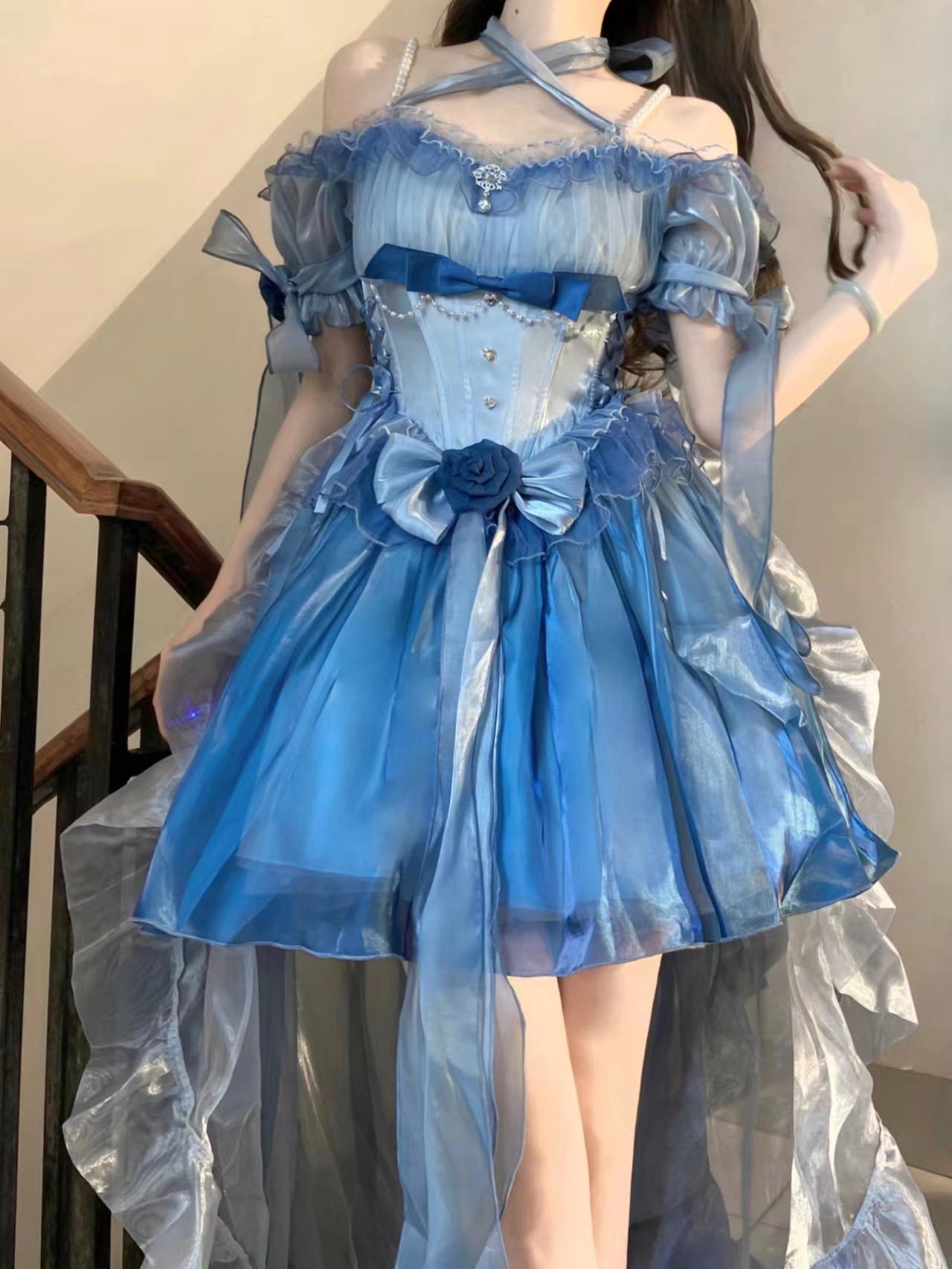Meowing and fruity - Elegant Lolita Gradient Dark Blue Prom Dress Set short dress full set(dress++choker+halter+pearls shoudler strape+chest bow+waist bow+tail) S