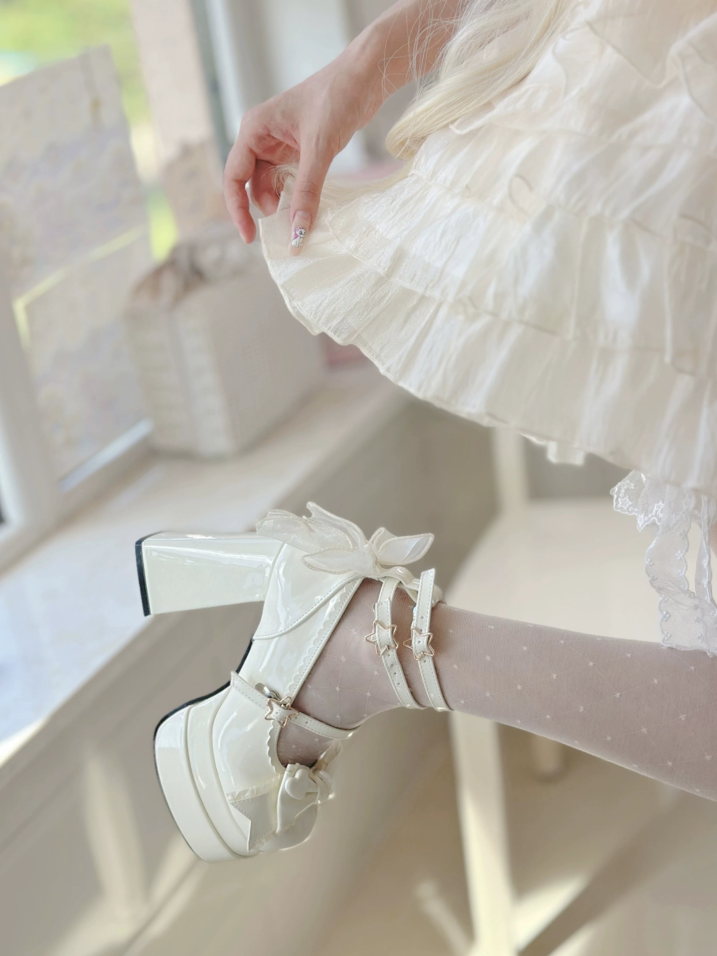 Puff Party - Elegant Lolita Chunky Heel Shoes, Bow & Straps