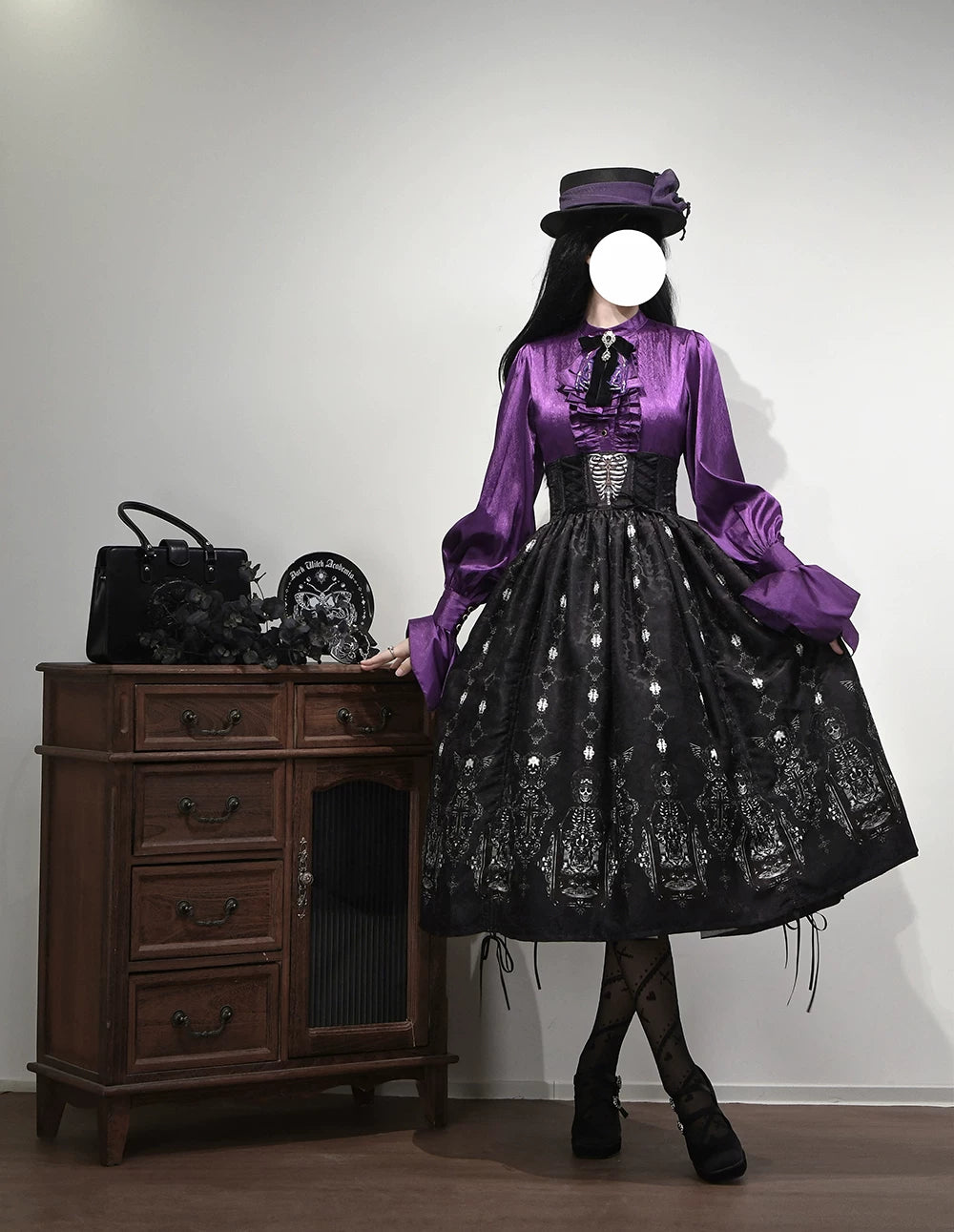 Moonnight Return - Fishbone Gothic Lolita SK Dress, Drawstring lift-up Hem