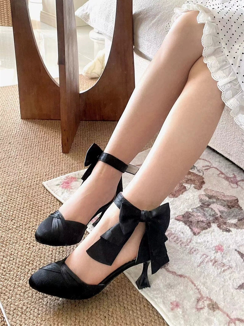 MR.Qiutian - Coronation - Elegant Lolita Shoes Satin Heels With Rose Buckle & Bow Clip Black 34