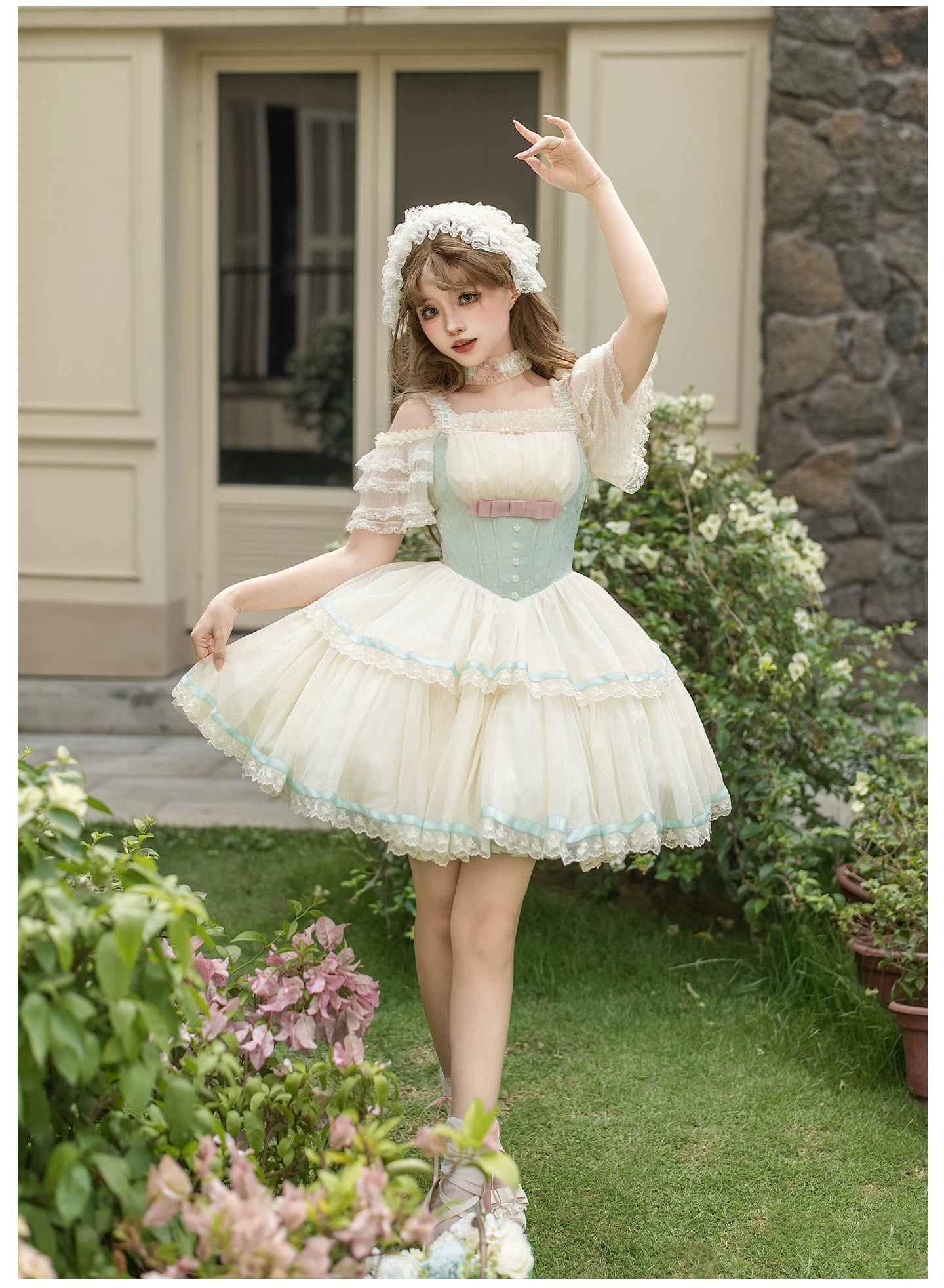 Sea Salt Soda - Classic Lolita Adjustable Corset JSK Dress, Tiered Tulle Hem 45257:856354