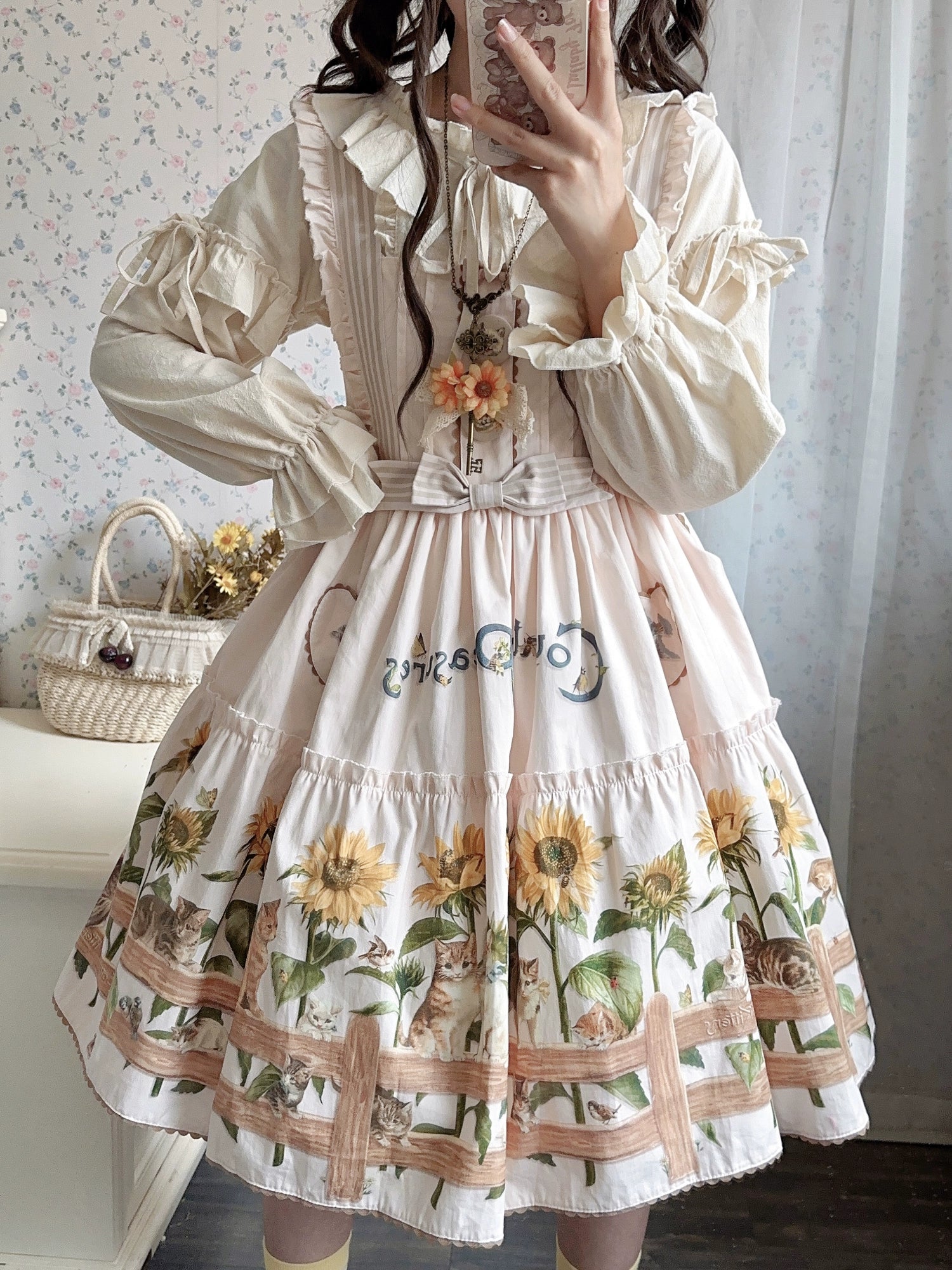 Polaris Lolita - Cat and Sunflower - Sweet Lolita JSK Cat and Sunflower Print Dress and Headdress Set