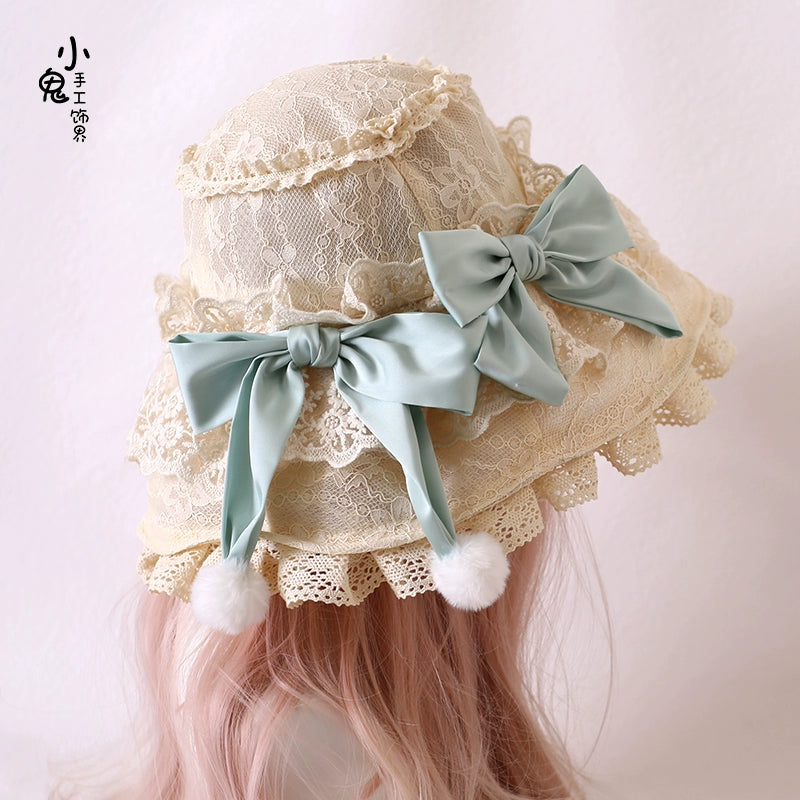 Xiaogui - Retro Lolita Hat Lace Handmade Doll Hat with Multicolor Bows