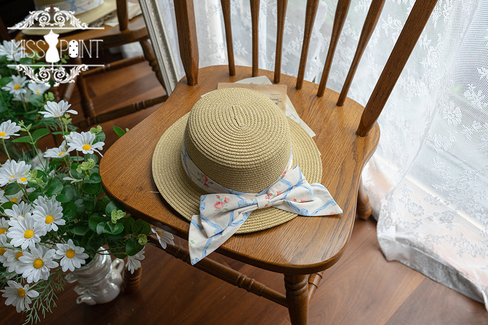 Miss Point - Happy Summer Cute Lolita Hairdband Straw Hat blue rhombic lattice straw hat