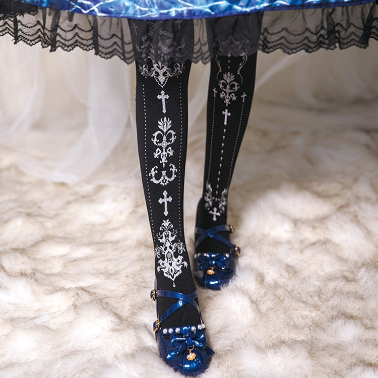 Wulala Mew~Elegant Lolita Pantyhose Daily Gold Stamping Tights Free size Black pantyhose + silver print 