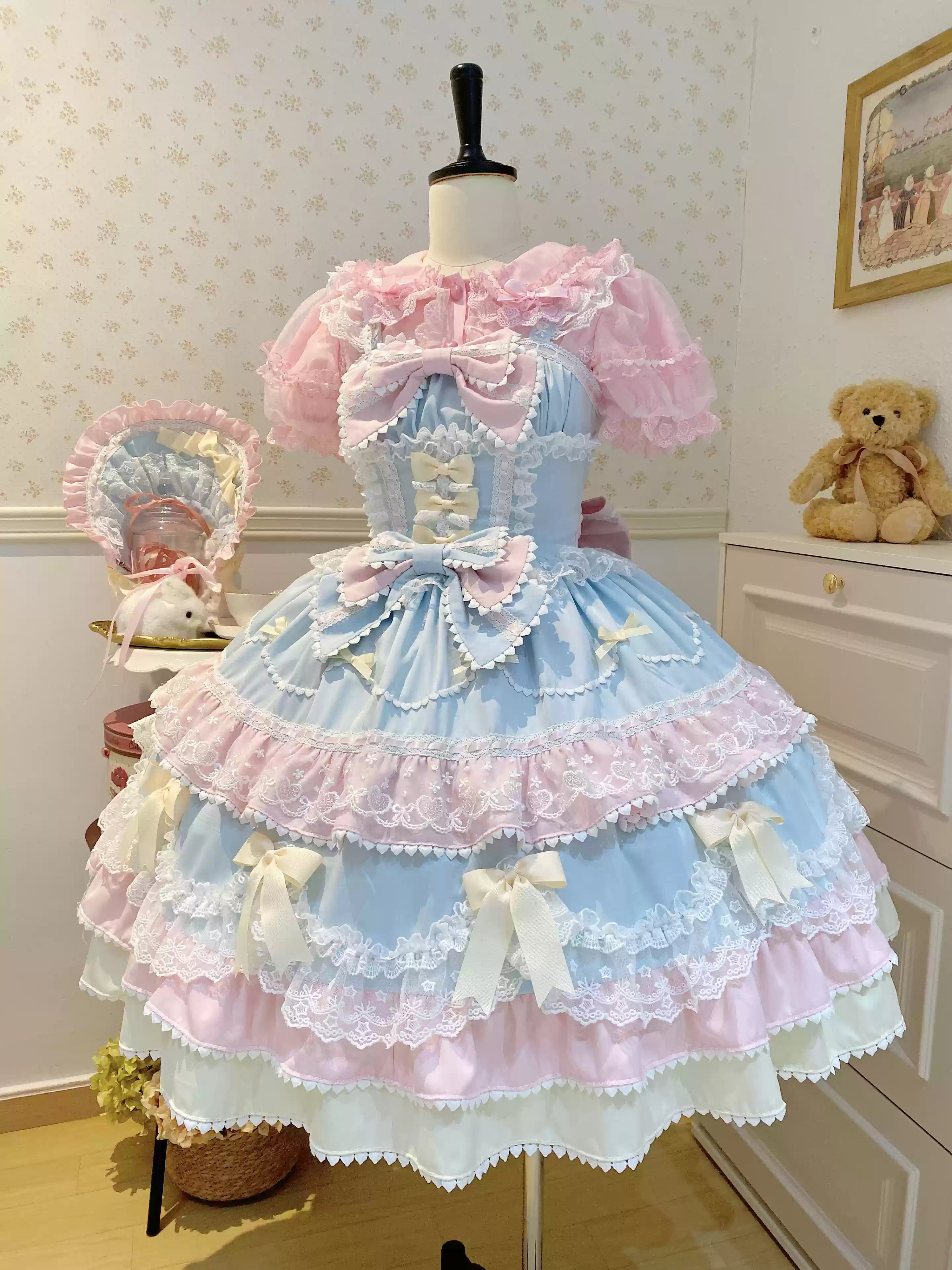 Sugar Girl - Fondant Cake - Summer Sweet Lolita JSK Dress, Tiered Ruffles and Bows (L M S) 42612:762142