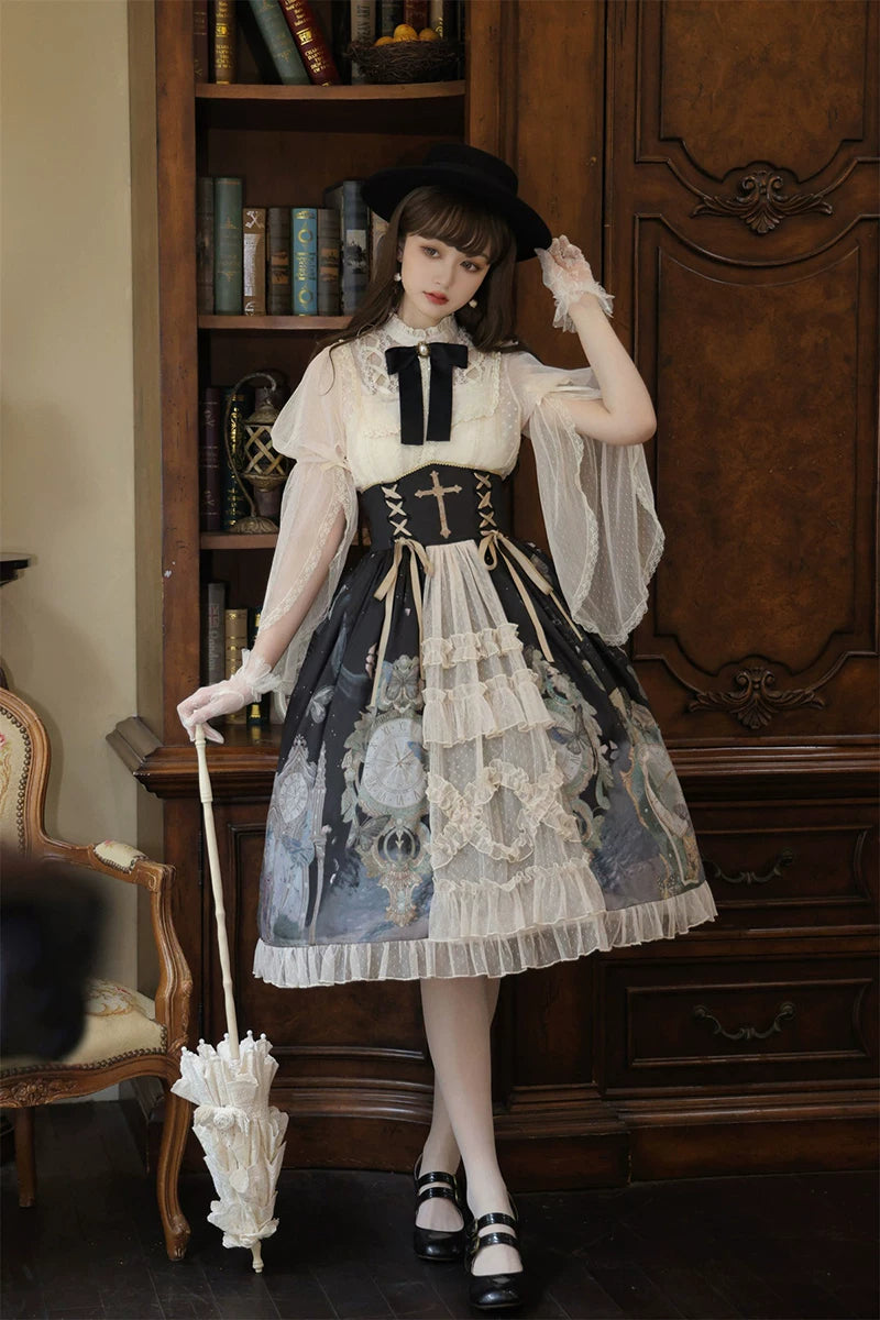 Clock Butterfly - Gothic Lolita Printed Blouse and Corset Skirt Set