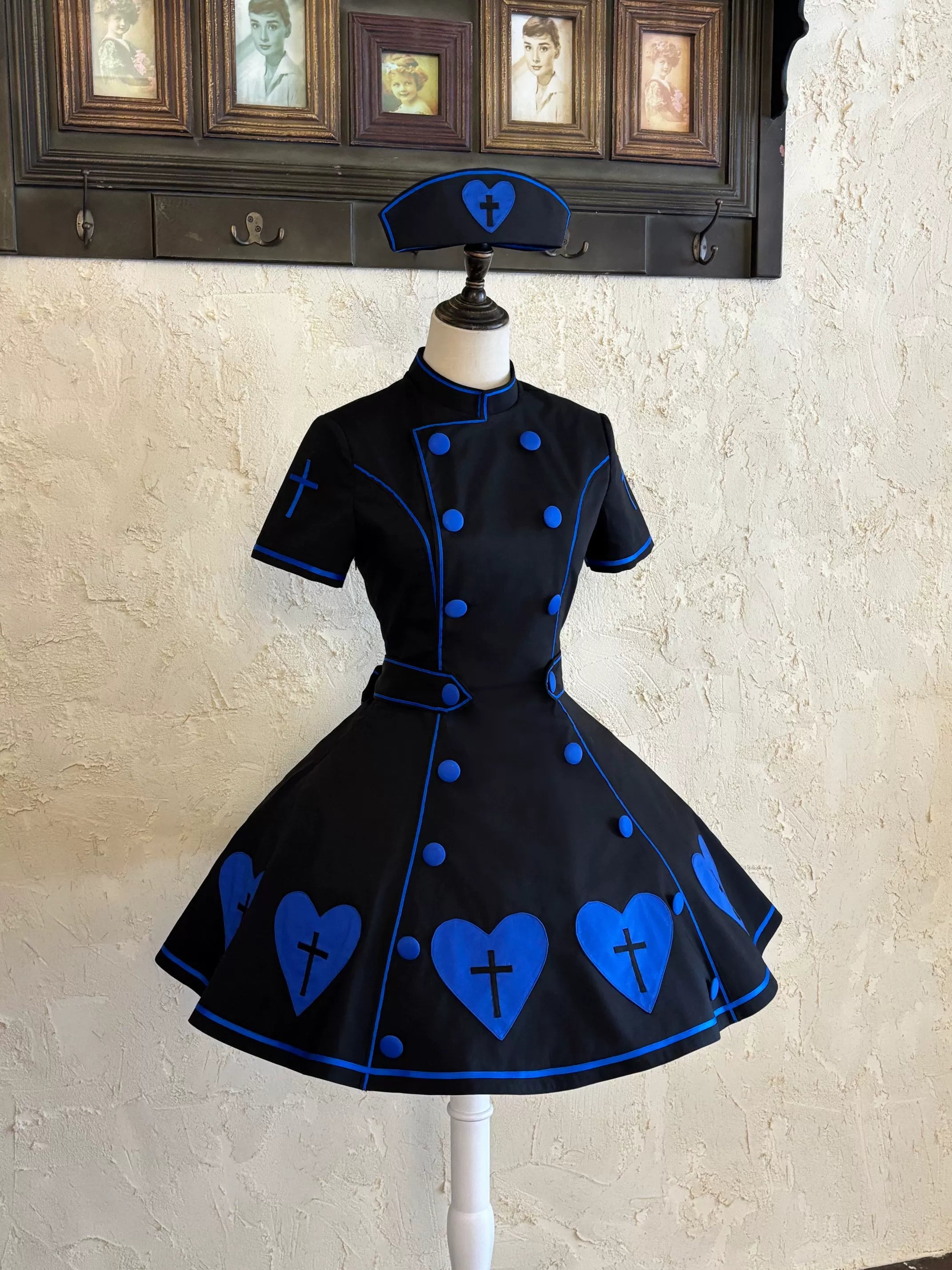 Sweet Heart Hospital - Old School Lolita Stand Collar OP Dress, Heart-cross Patches