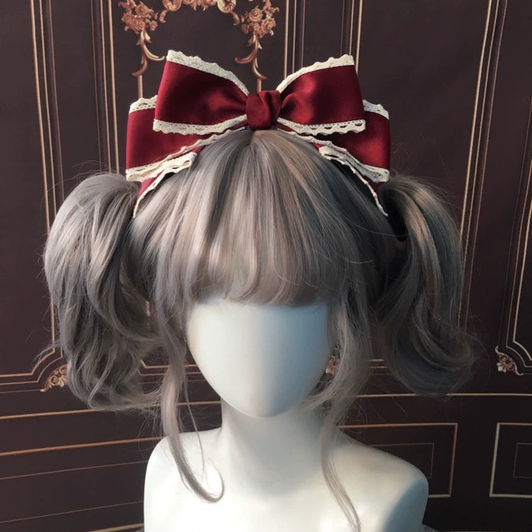 Qingyi Handmade - Sweet Lolita KC Multicolor Bow Lolita Headwear Dark wine red with off-white lace