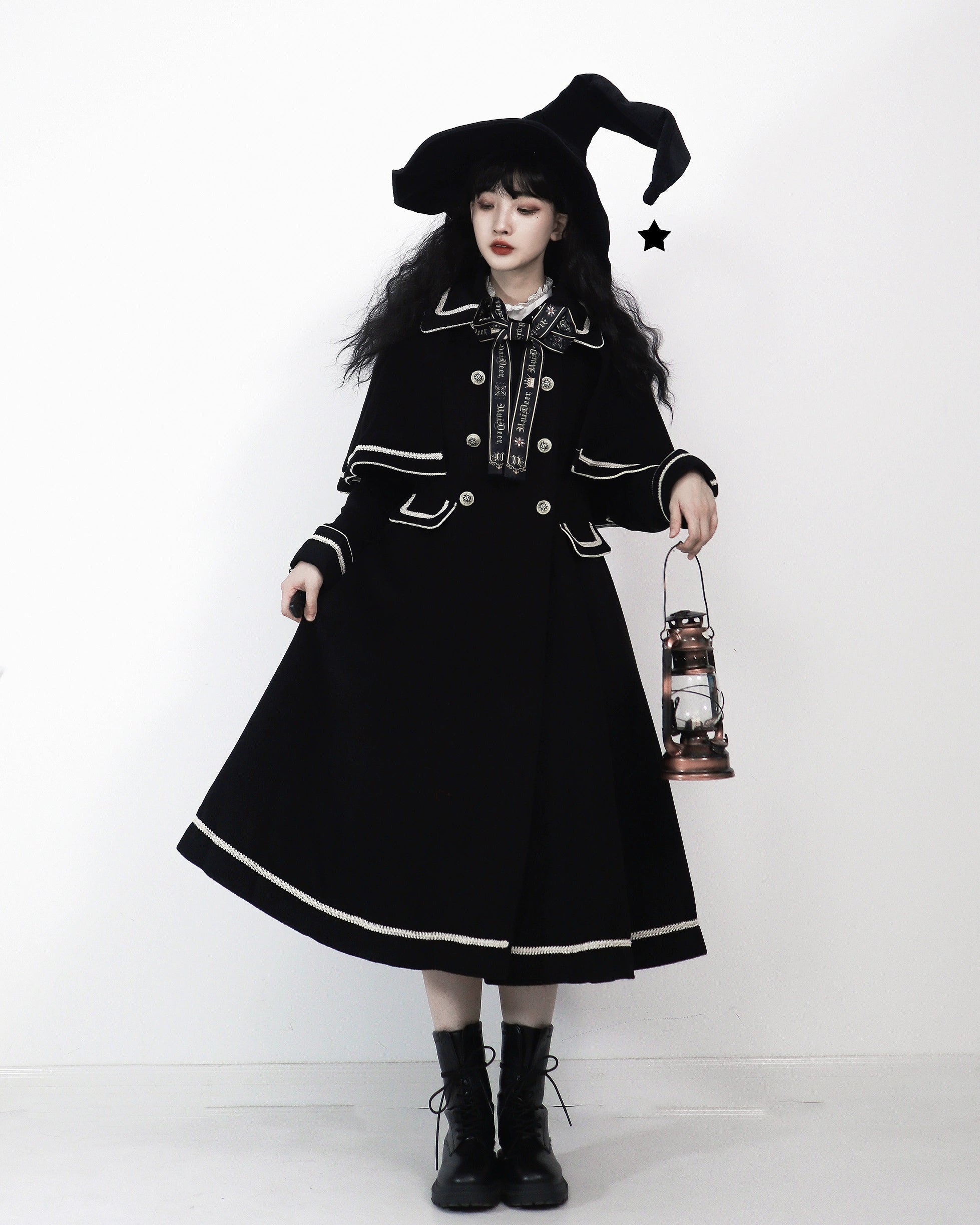 Unideer - Galaxy Traveler - Classic School Lolita Overcoat with Detachable Cape and Bow S Black (In stock)