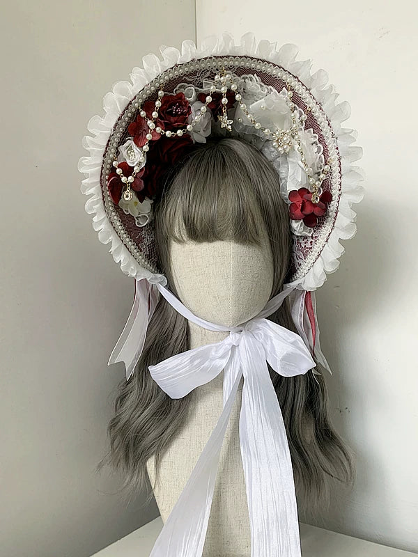 Gothic Lolita Lace BNT, Pearl Chain and Cross Pendants White and Burgundy Red BNT (without head veil)