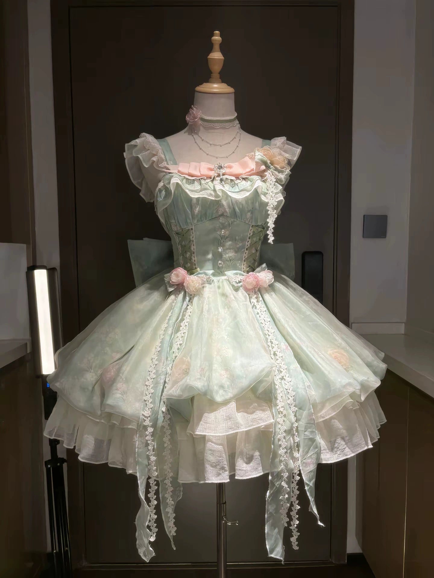Platycodon House - Floral Magician - Sweet Lolita Dress Floral Print Short Length JSK XS Green flower bud dress+choker+hair clip+flower ball+side clips