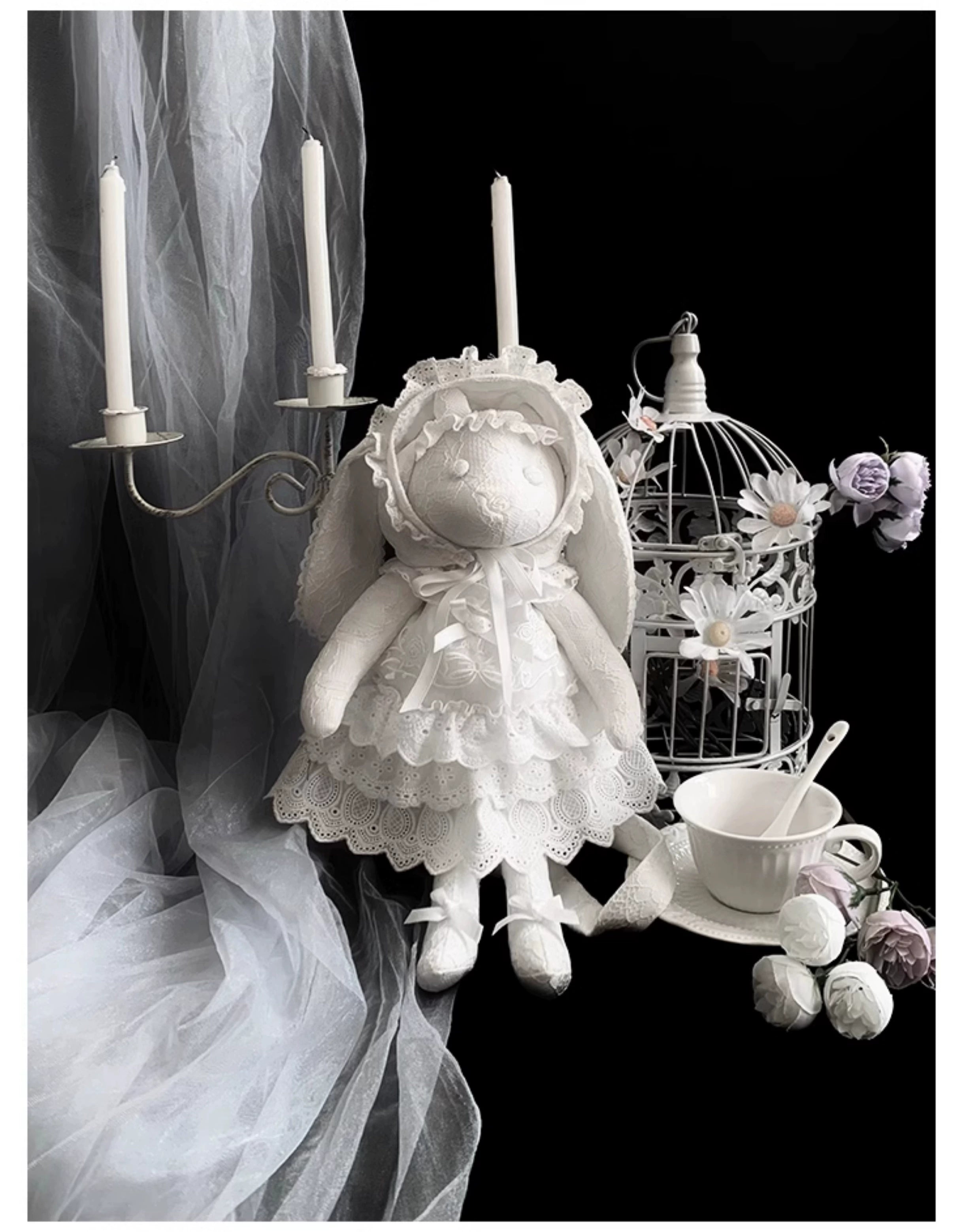 With PUJI - Puppet Box - Kawaii Lolita Bag Lamb Kitten Detachable Bag Dress Hat White Lamb Yuki Set (bag + straps + dress + hat)