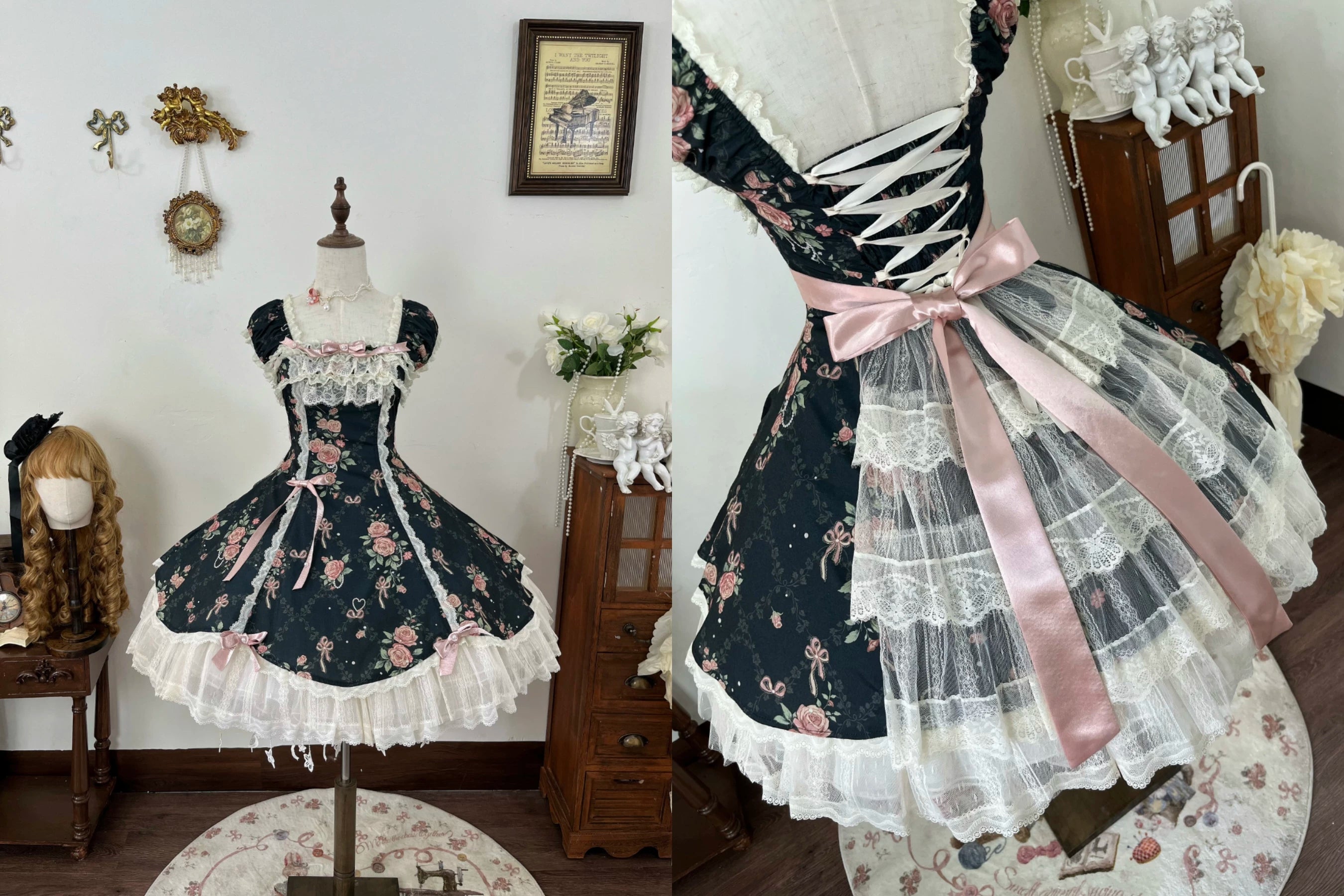 Pearl & Rose - Old School Lolita Floral Print Lolita OP Dress, Back Opening 45925:868407
