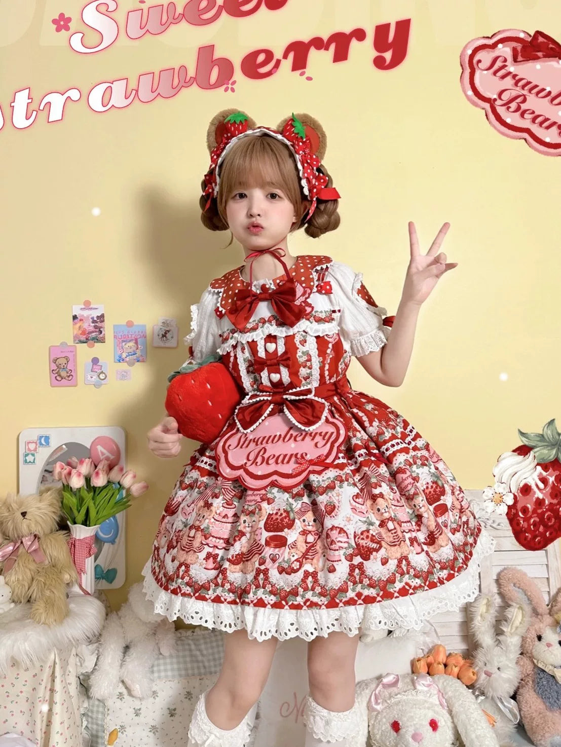 Strawberry and Bear - Printed Sweet Lolita JSK Dress, Heart Shaped Collar Shirt