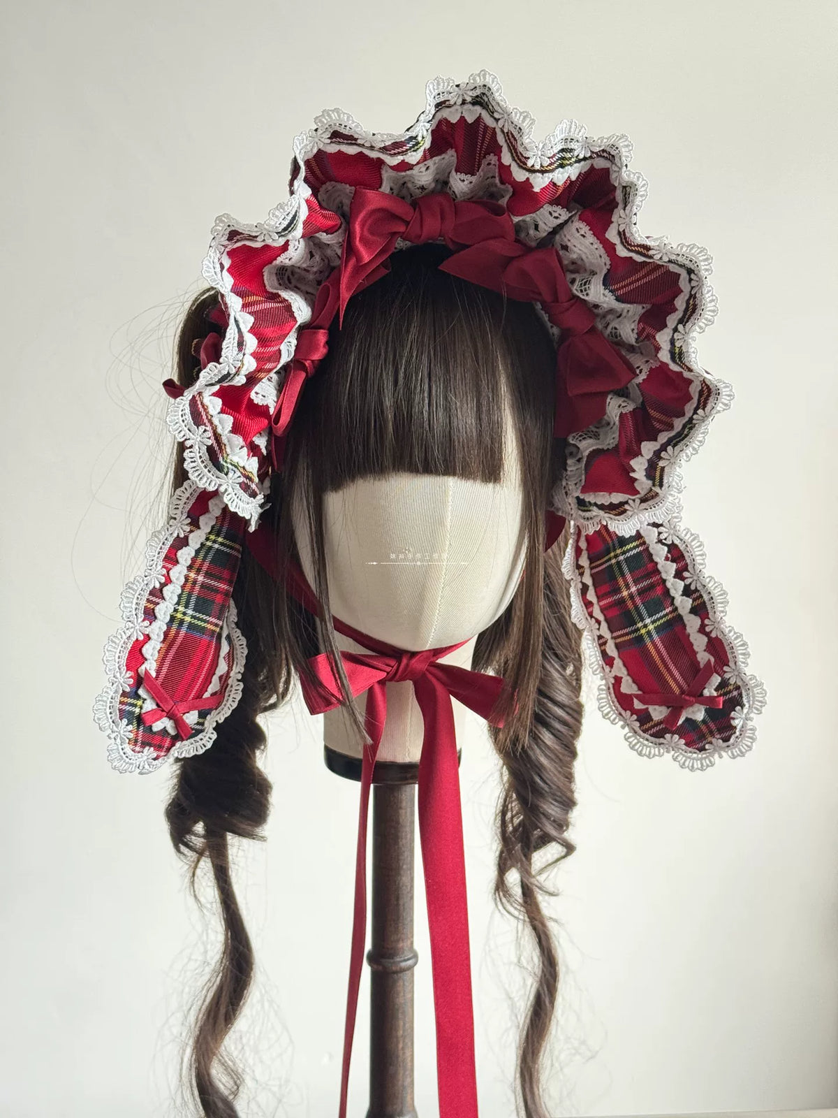 Red Plaid Lolita Headdress, Wire-edged Bunny Ear BNT