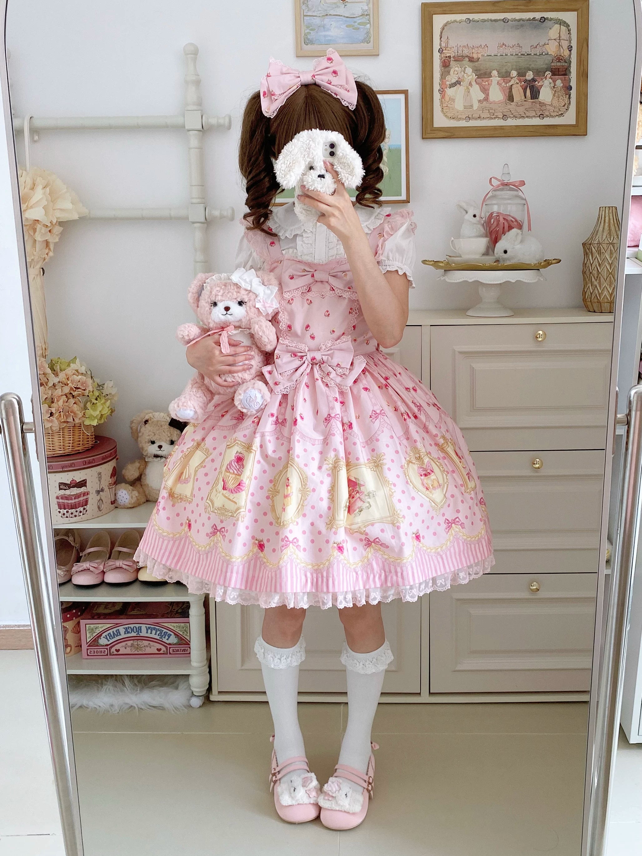 Pink Jade Strawberry - Sweet Lolita Strawberry Print JSK & OP Dress with Lace 45278:845315