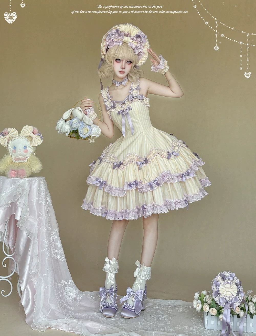 Eternal Girlhood - Six-Panel Old School Lolita Striped JSK & OP, Bow Accents 45811:863035