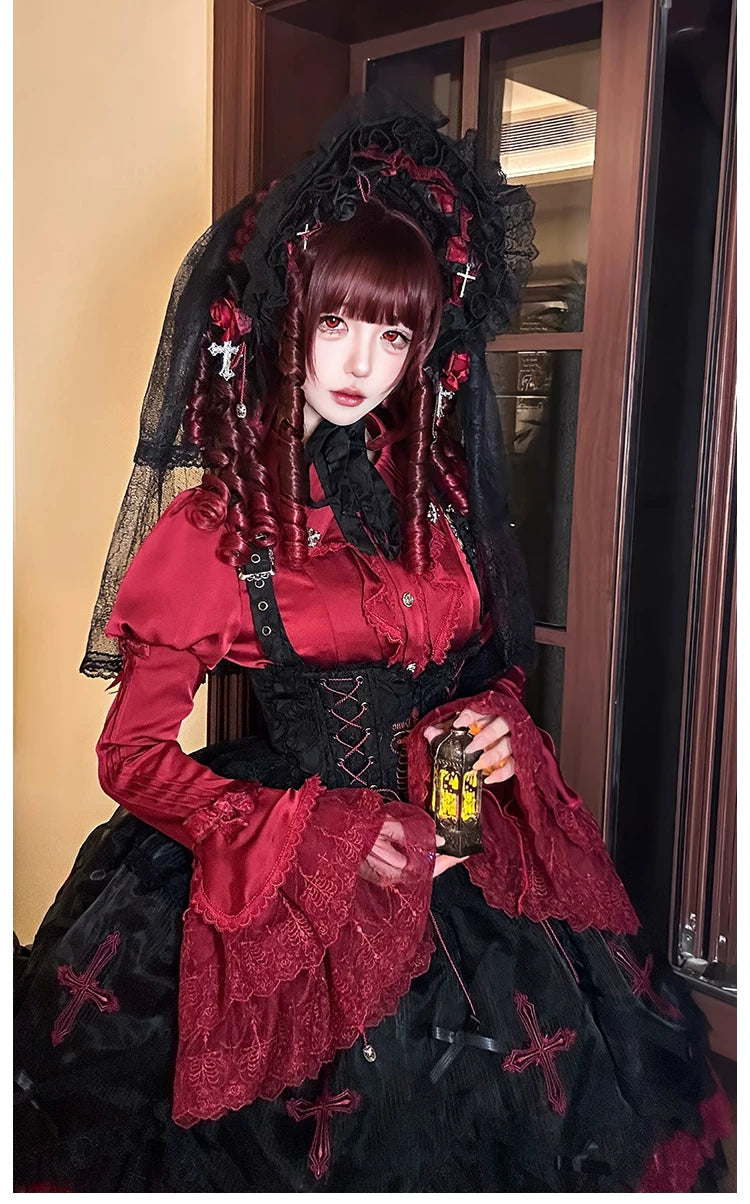 Dark Fog Feast - Gothic Lolita Bust-support Strap Dress, Lace & Cross 45256:842564