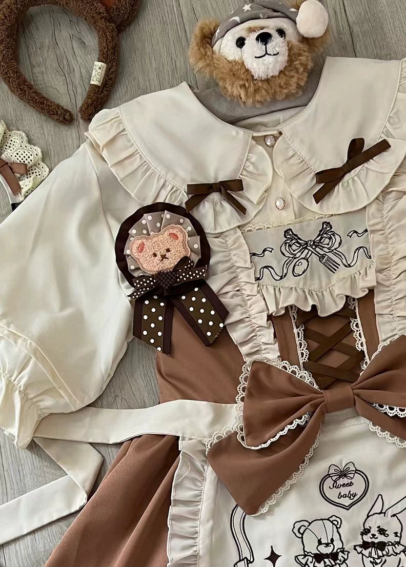 Sugar Girl - Sweet Layered Cake - Sweet Lolita JSK with Detachable Apron Chiffon apricot shirt with brown bow Only S