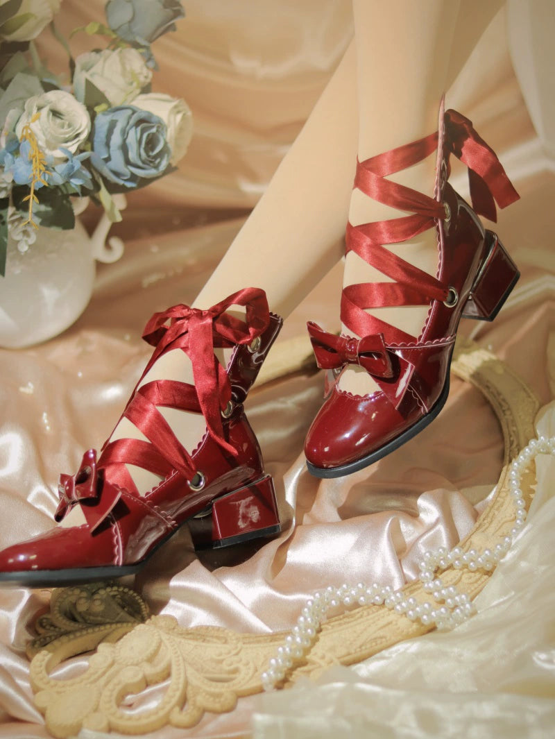 Ribbon Heels With Laces Up Elegant Lolita Shoes Lace-up Bow Heels