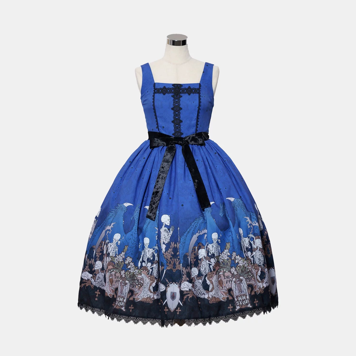 Dragon Bone Lily - Vintage Gothic Lolita Dragon & Skeleton Print JSK Dress (L M S XL) 45283:844474