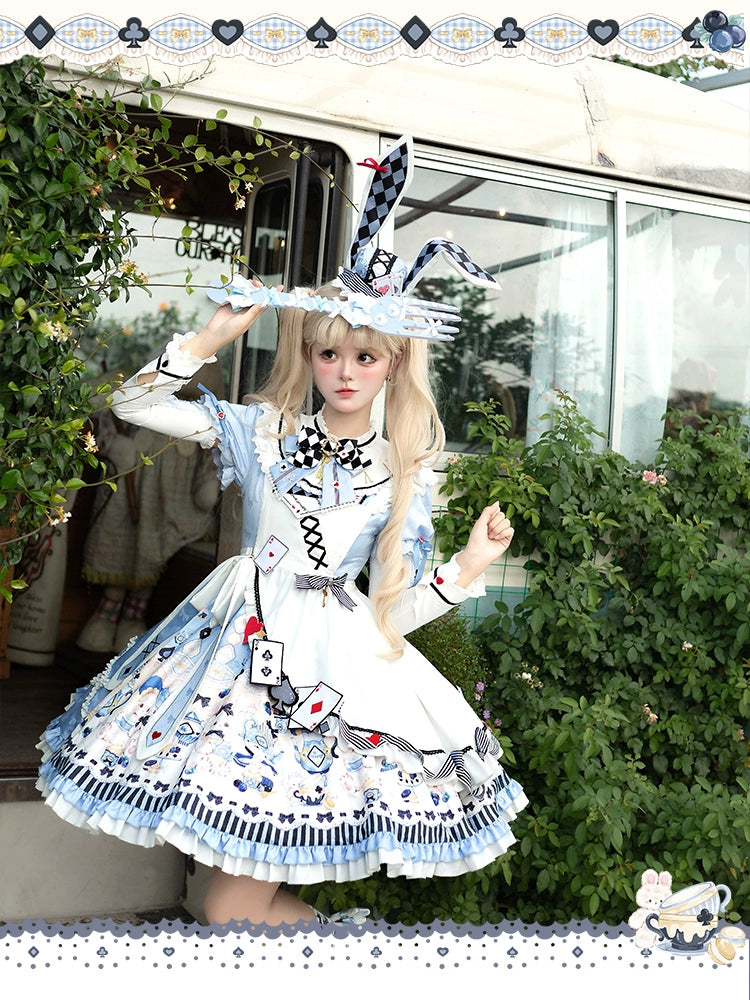 YingLuoFu - Alice - Kawaii Lolita OP Dress, Rabbit & Playing Card Motifs