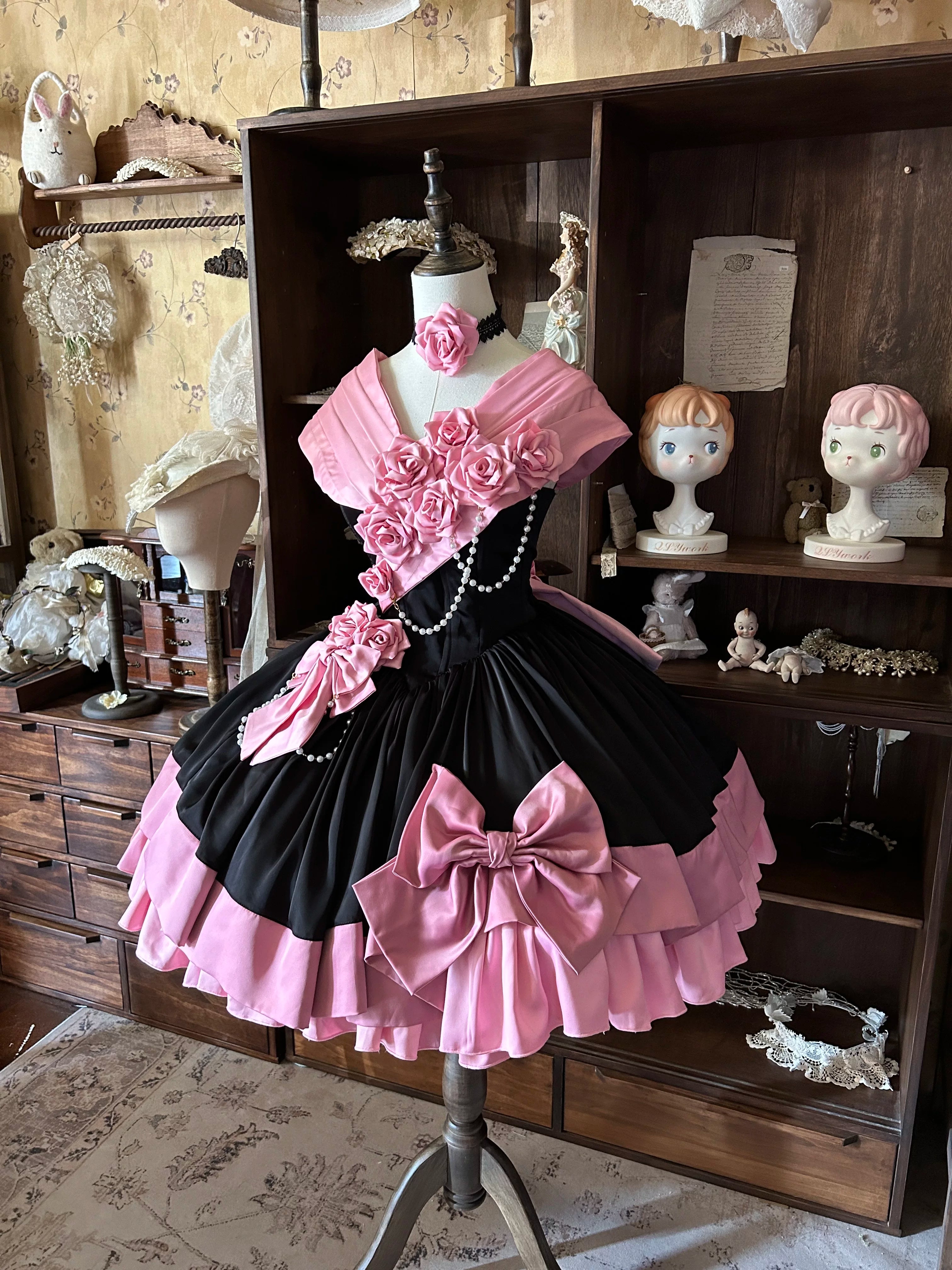 Casket Rose - Elegant Lolita Satin Corset Dress with 3D Pink Roses 45675:858110