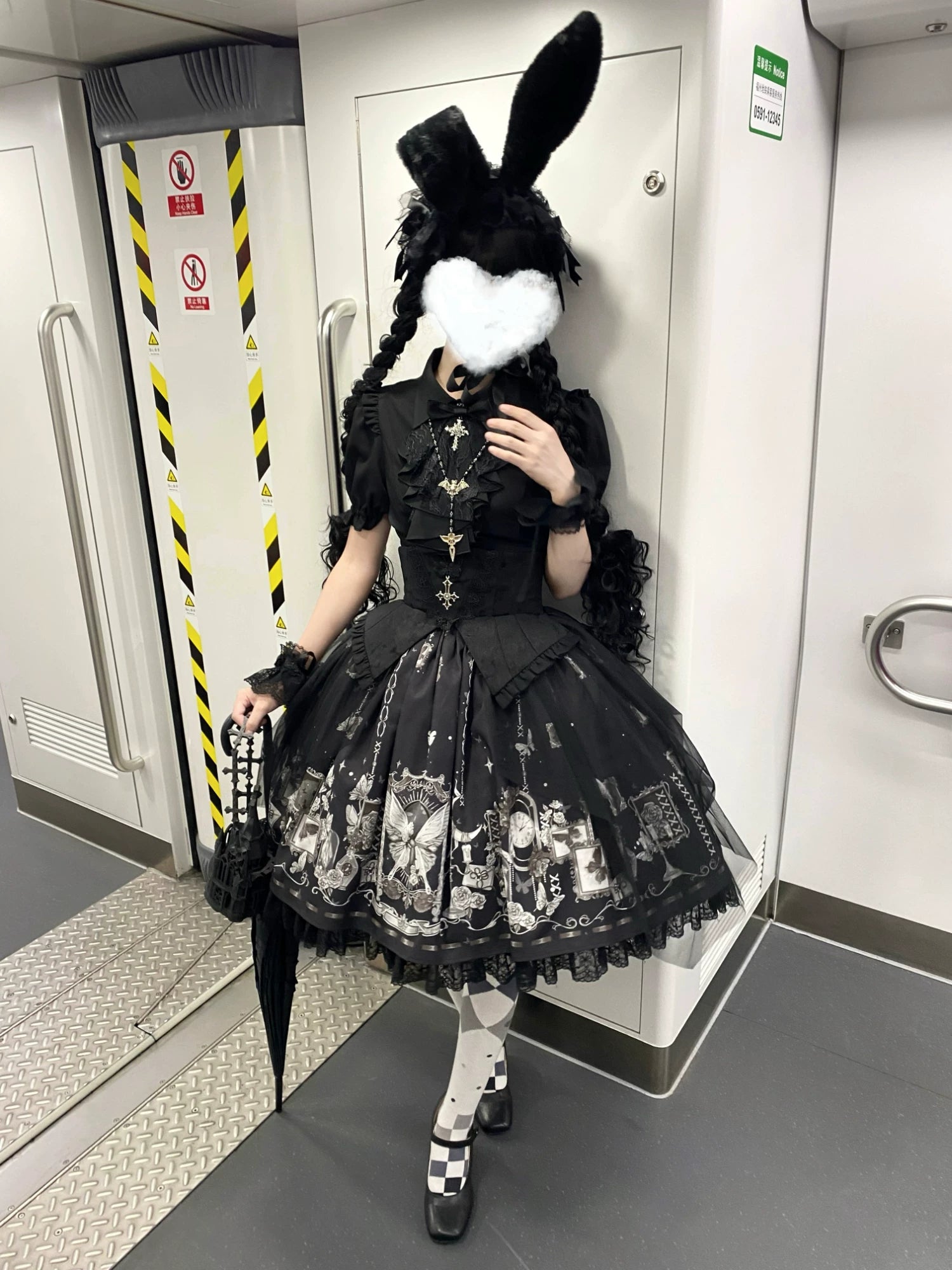 Butterfly Shadow - Halloween Gothic Lolita Fishbone Skirt & Shirt, Butterfly Print